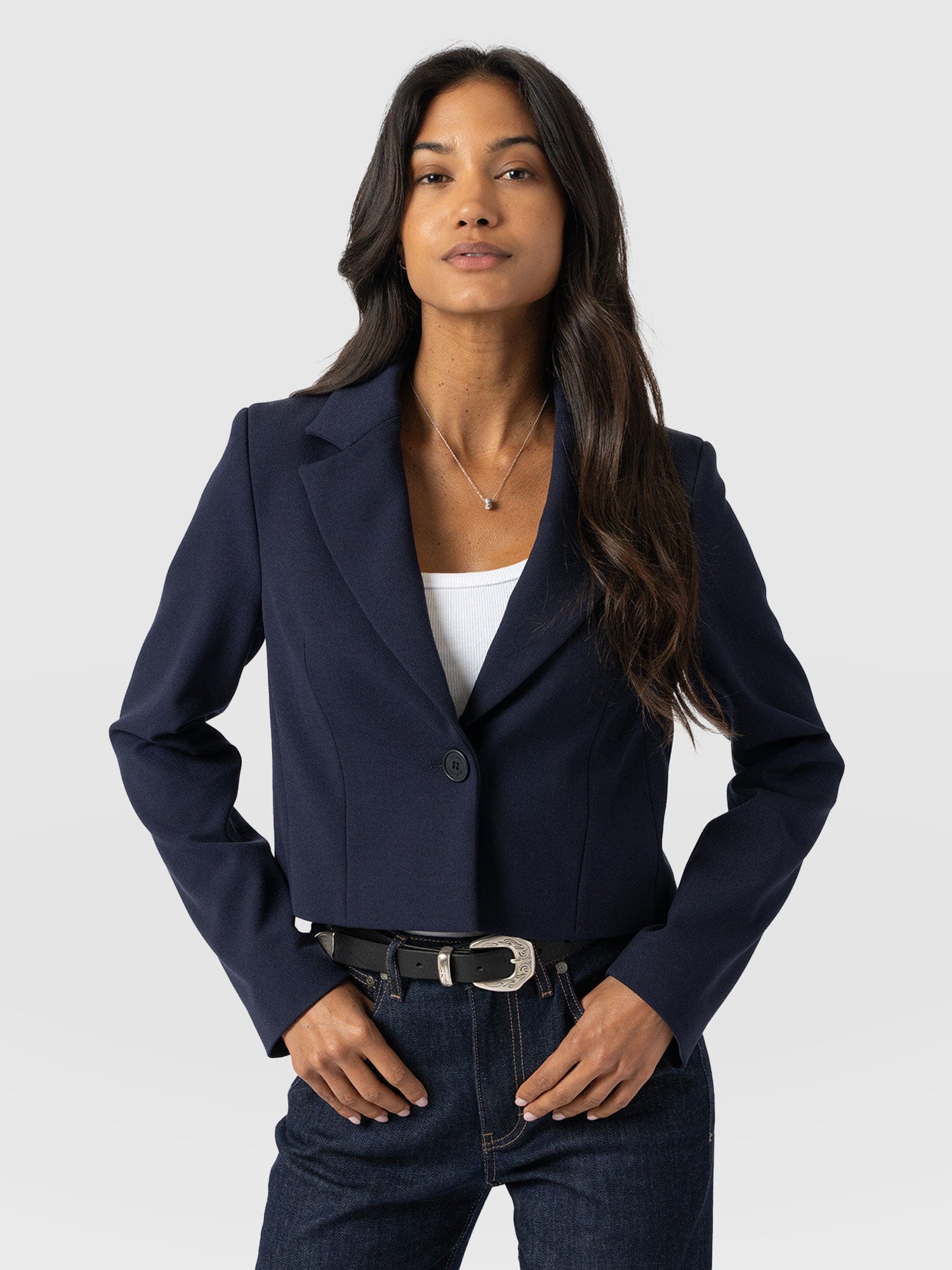 Astrid Crop Blazer Navy - Women's Blazers | Saint + Sofia® UK