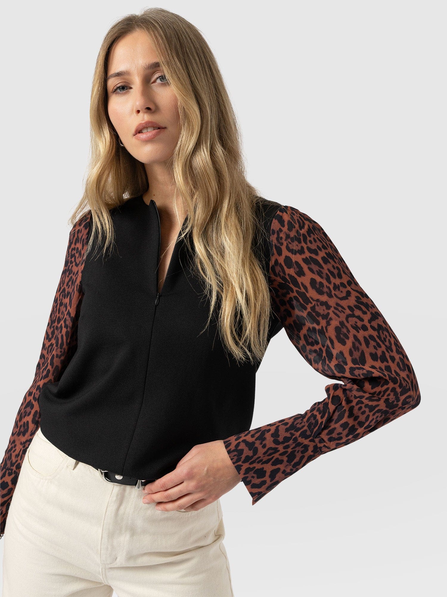 Ella Zip Up Top - Brown Leopard