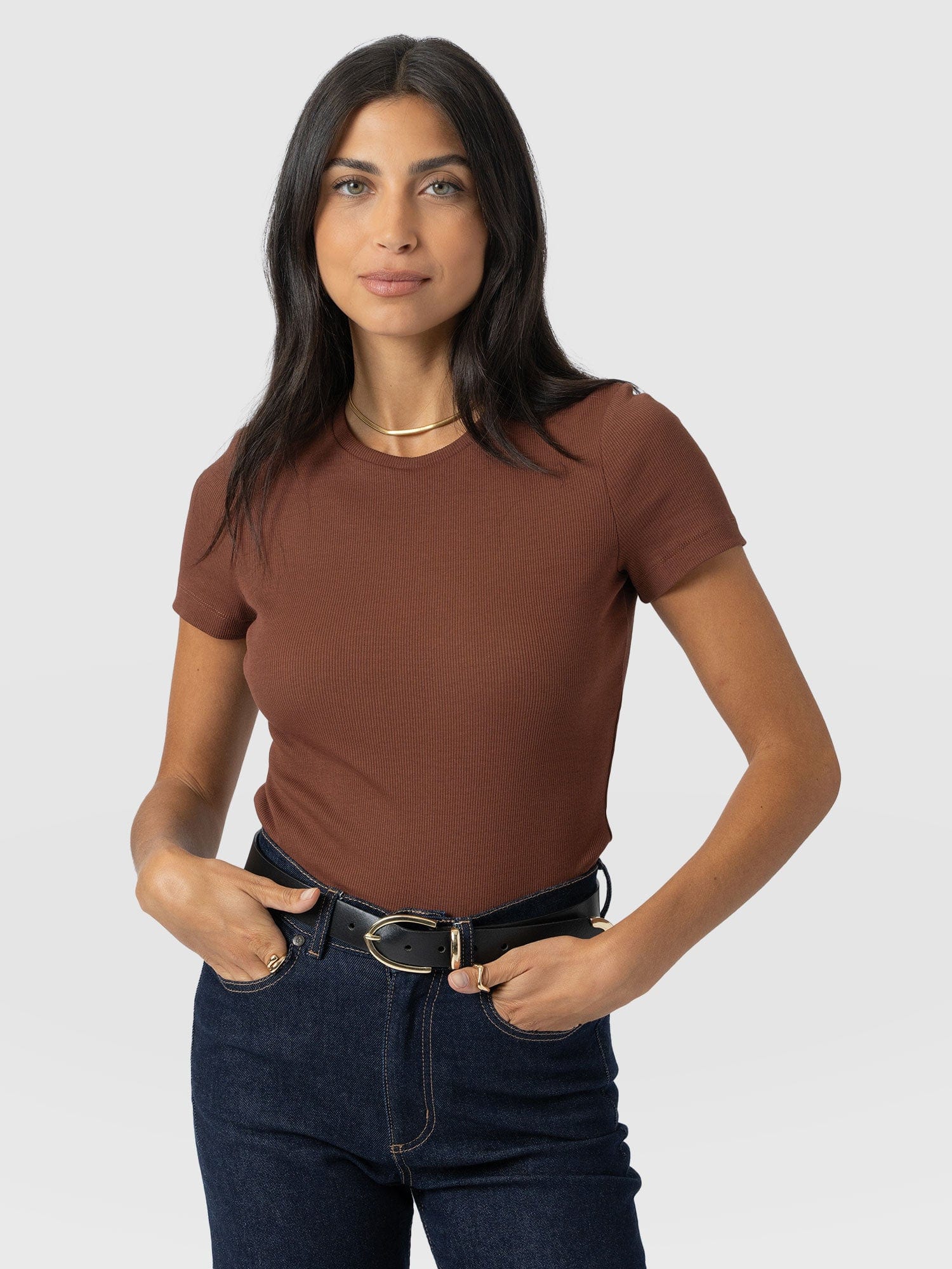 Ribbed Short Sleeve Tee - Russet Brown - Women's T-shirts | Saint + Sofia? UK