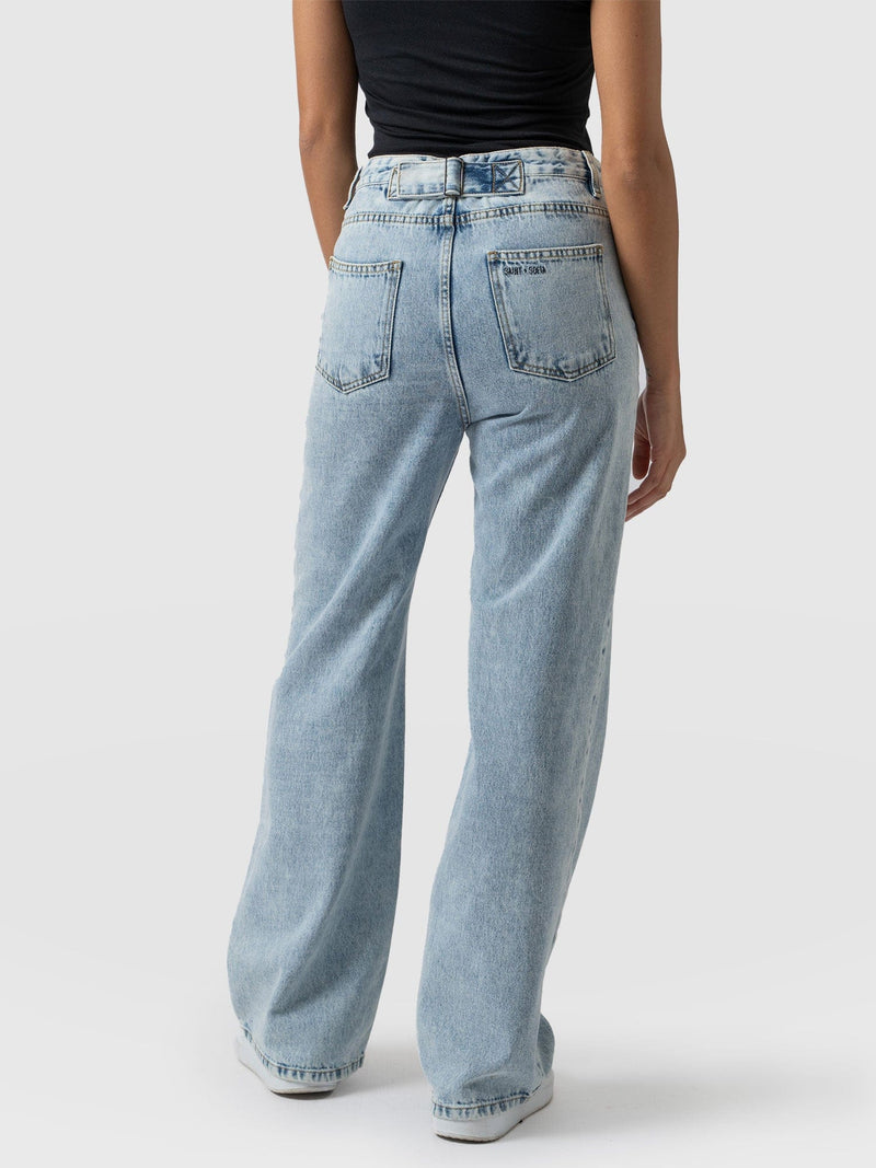 Adjustable Wide Leg Jeans - Pale Blue