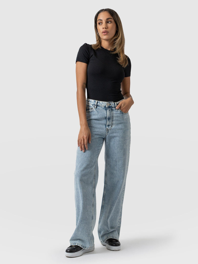 Adjustable Wide Leg Jeans - Pale Blue