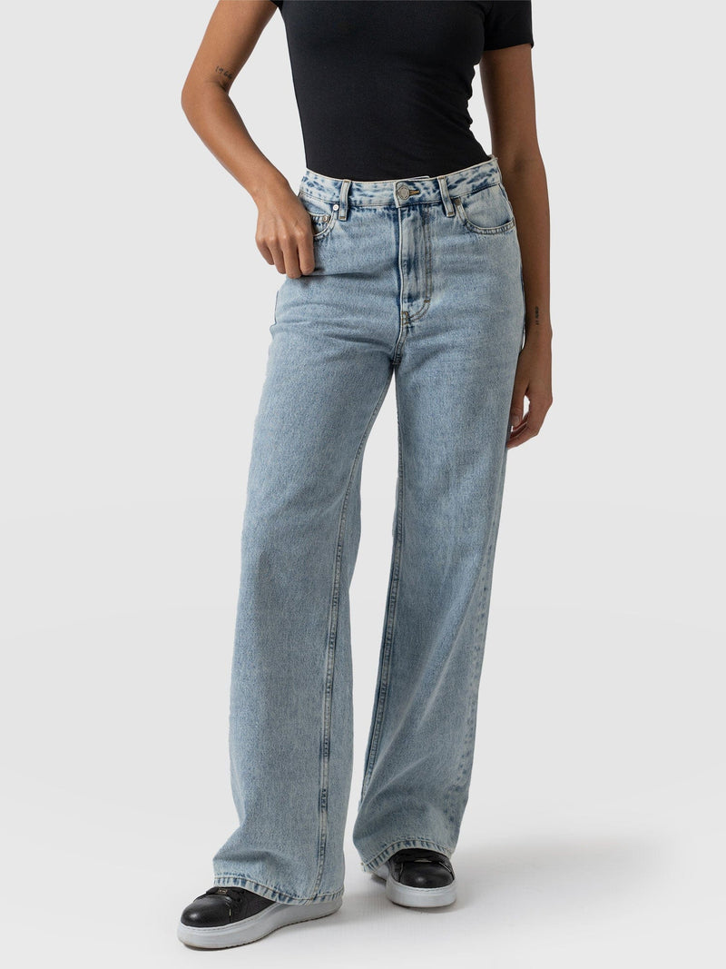 Adjustable Wide Leg Jeans - Pale Blue