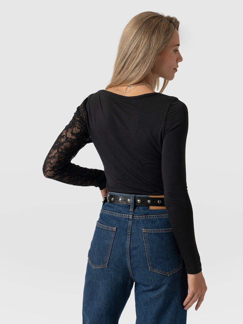 Aimee Cut Out Long Sleeve Tee - Black Lace