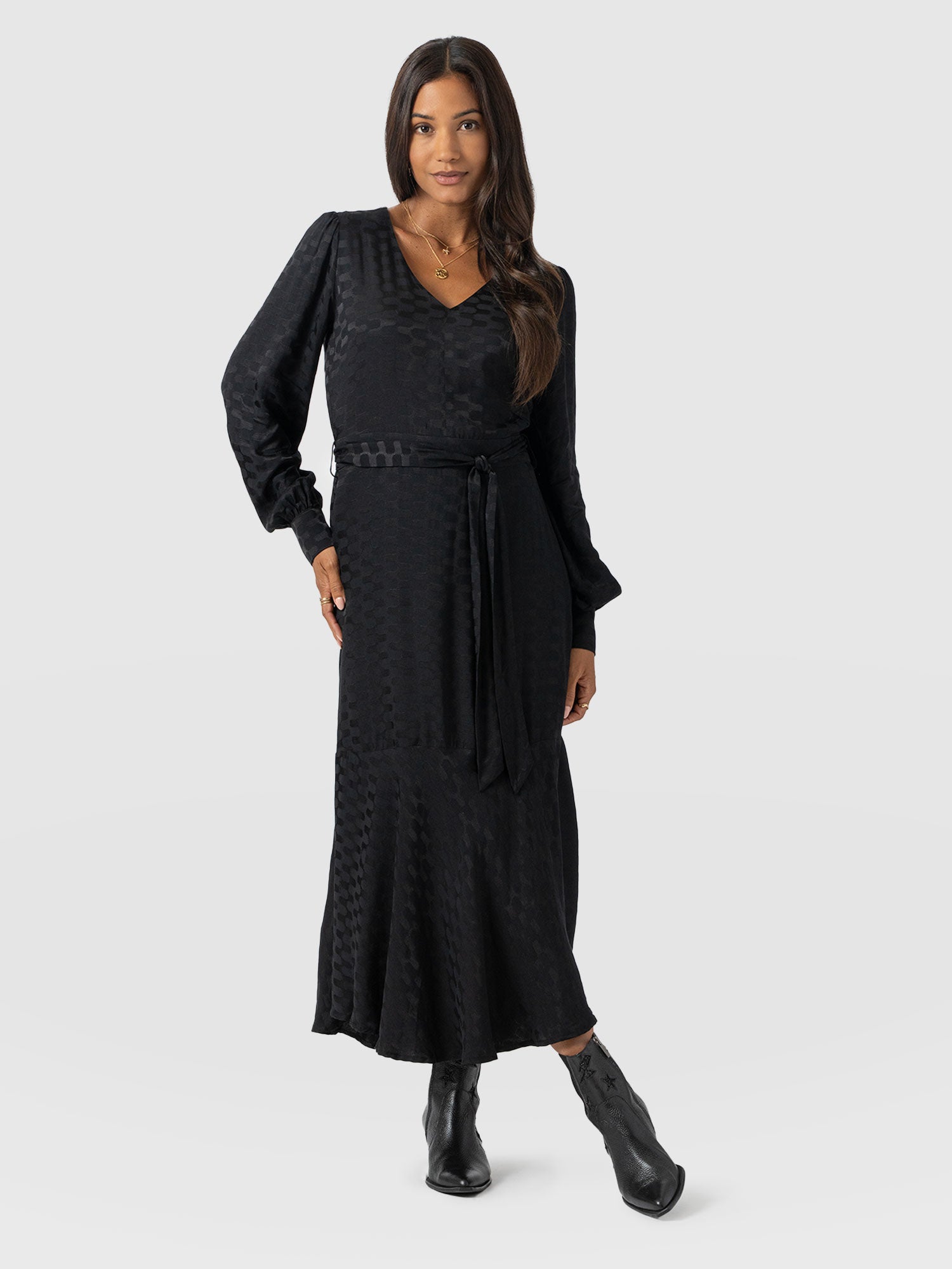 Allegra V Neck Dress - Black Jacquard