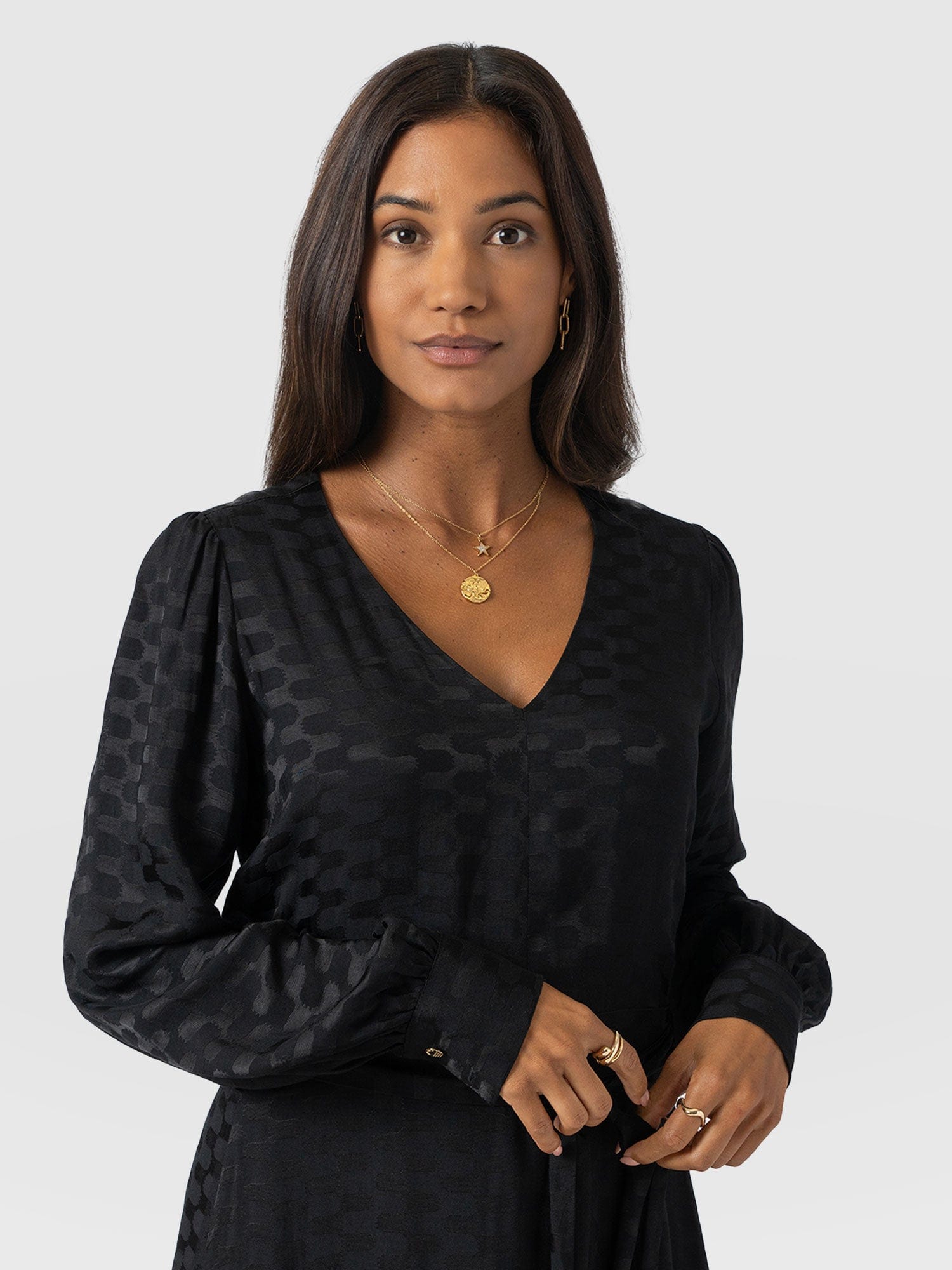 Allegra V Neck Dress - Black Jacquard