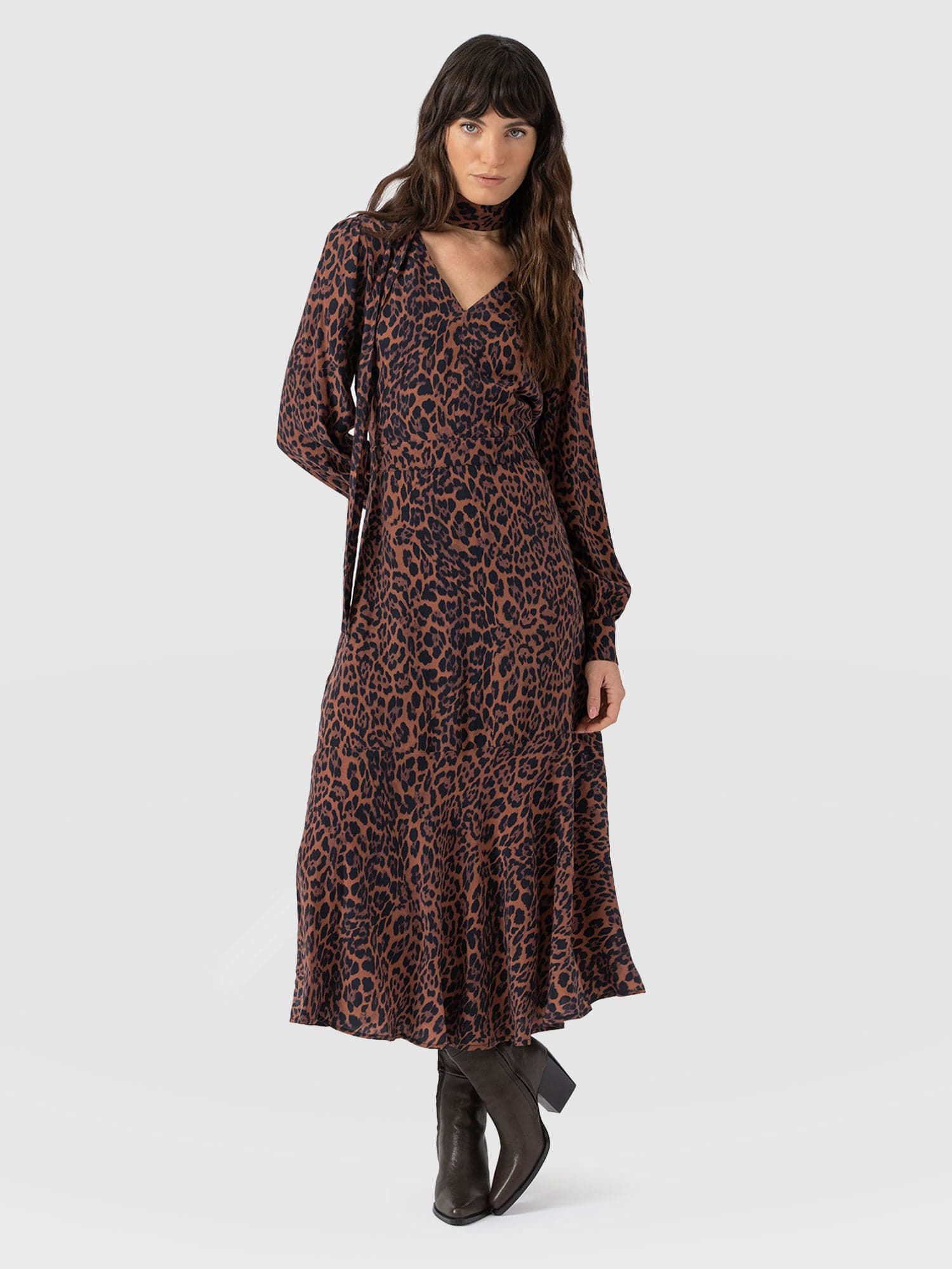 Allegra V Neck Dress - Brown Leopard
