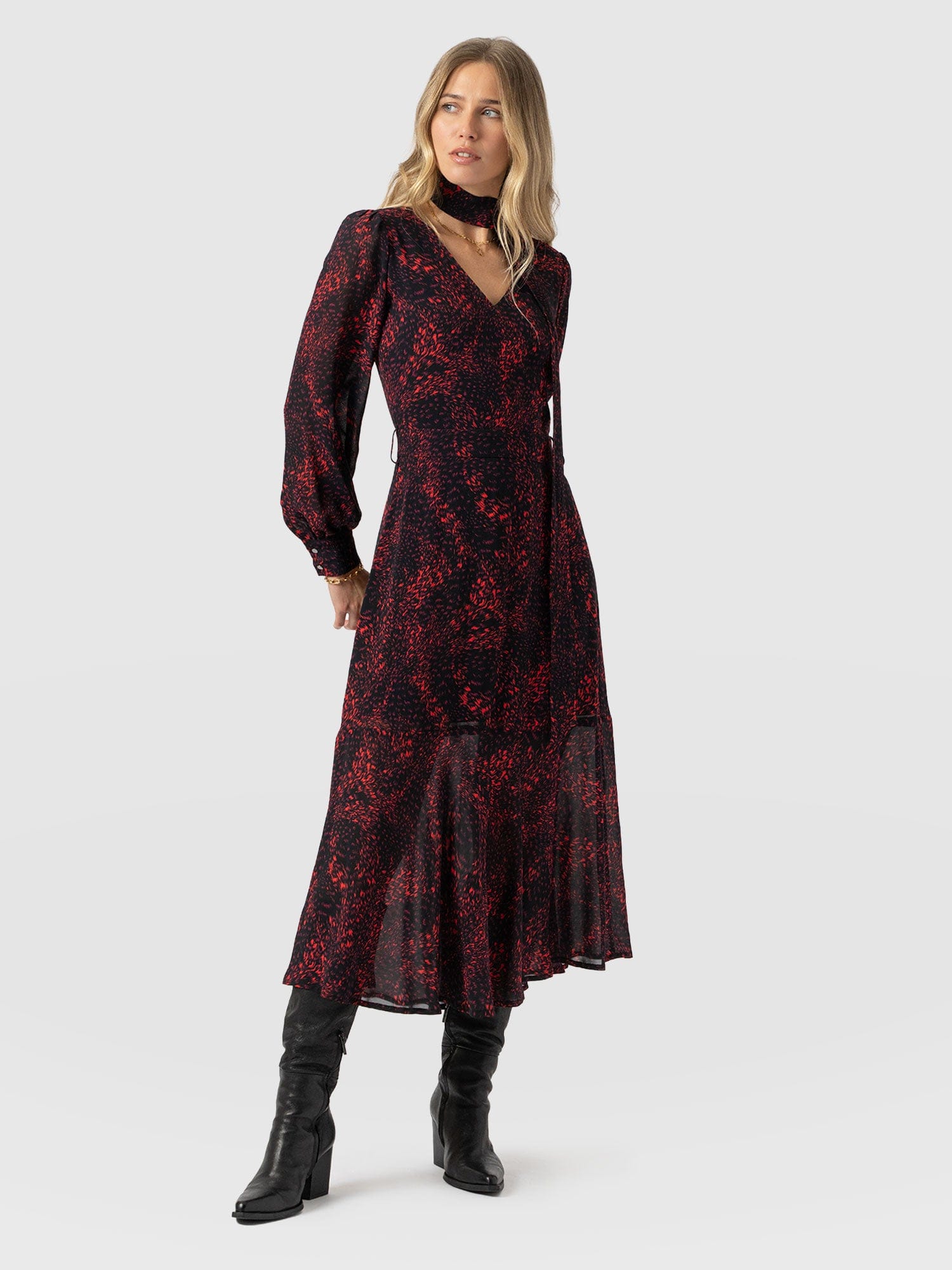 Allegra V Neck Dress - Red Fade Spot