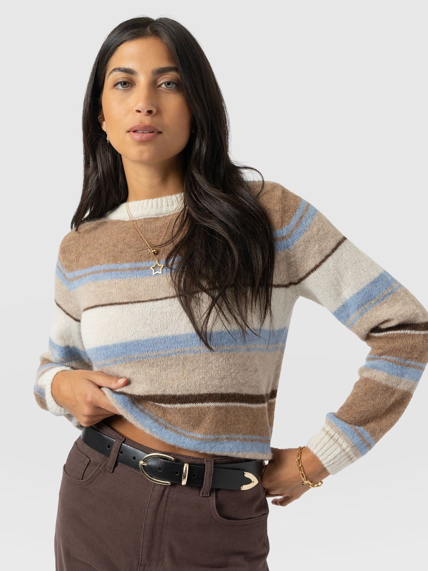Ariella Boat Neck Jumper - Blue/Brown Stripe