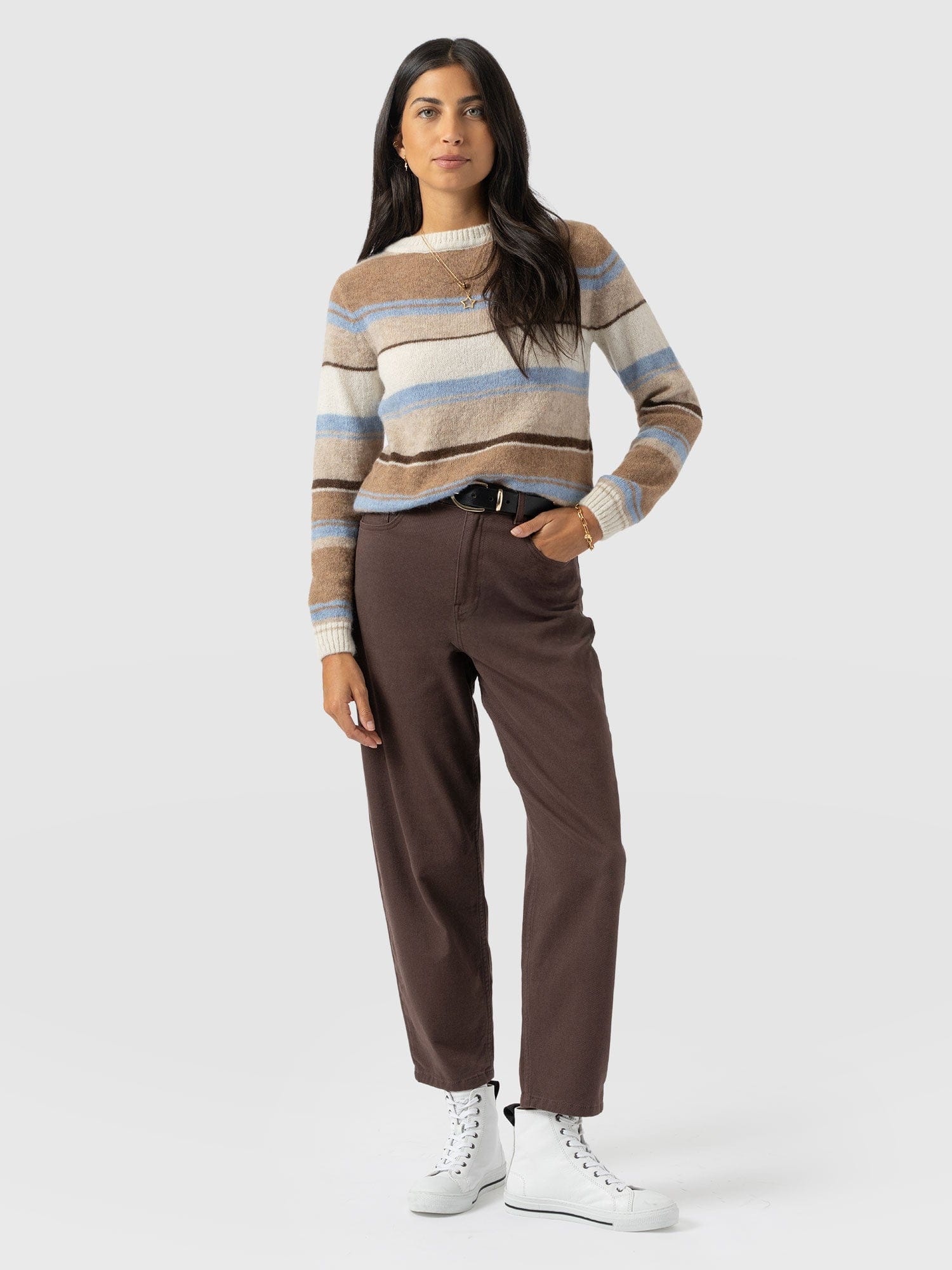Ariella Boat Neck Jumper - Blue/Brown Stripe