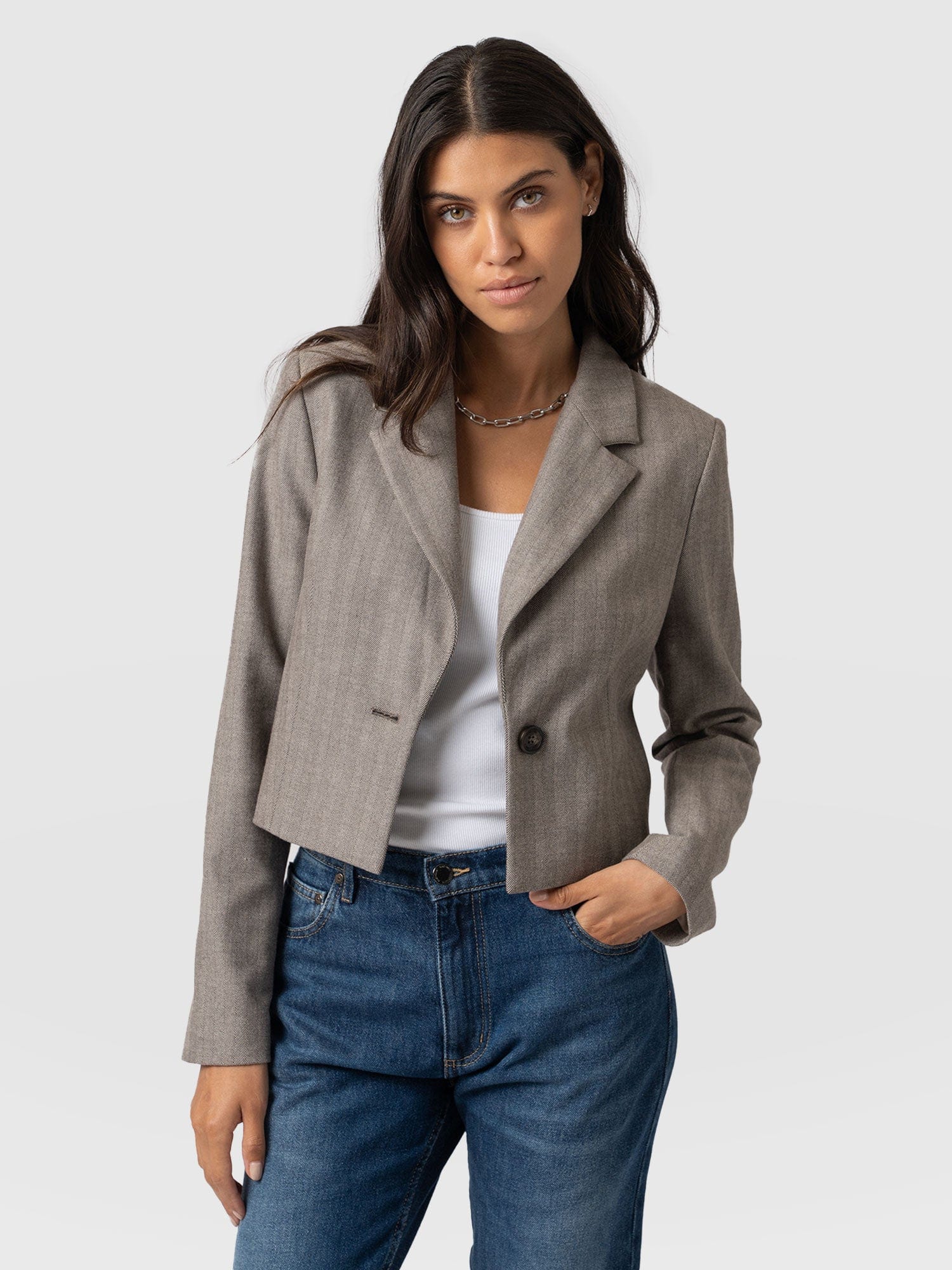 Astrid Cropped Blazer - Brown Herringbone