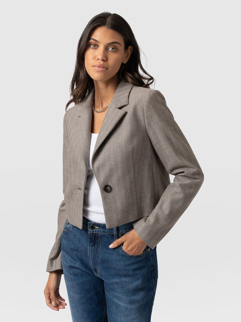 Astrid Cropped Blazer - Brown Herringbone