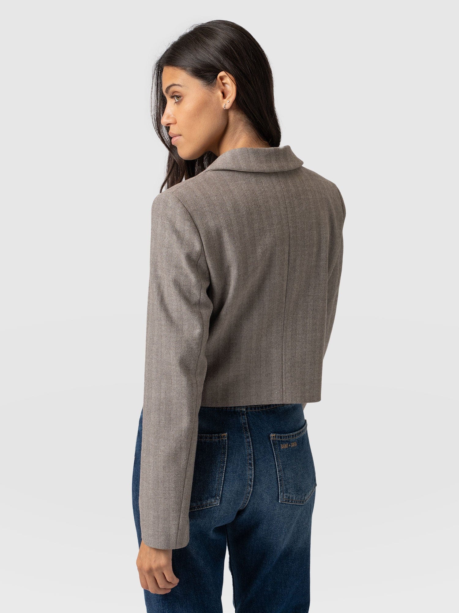 Astrid Cropped Blazer Brown Herringbone - Women's Blazers | Saint + Sofia® UK