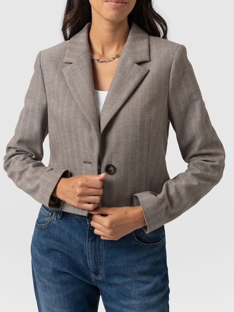 Astrid Cropped Blazer - Brown Herringbone