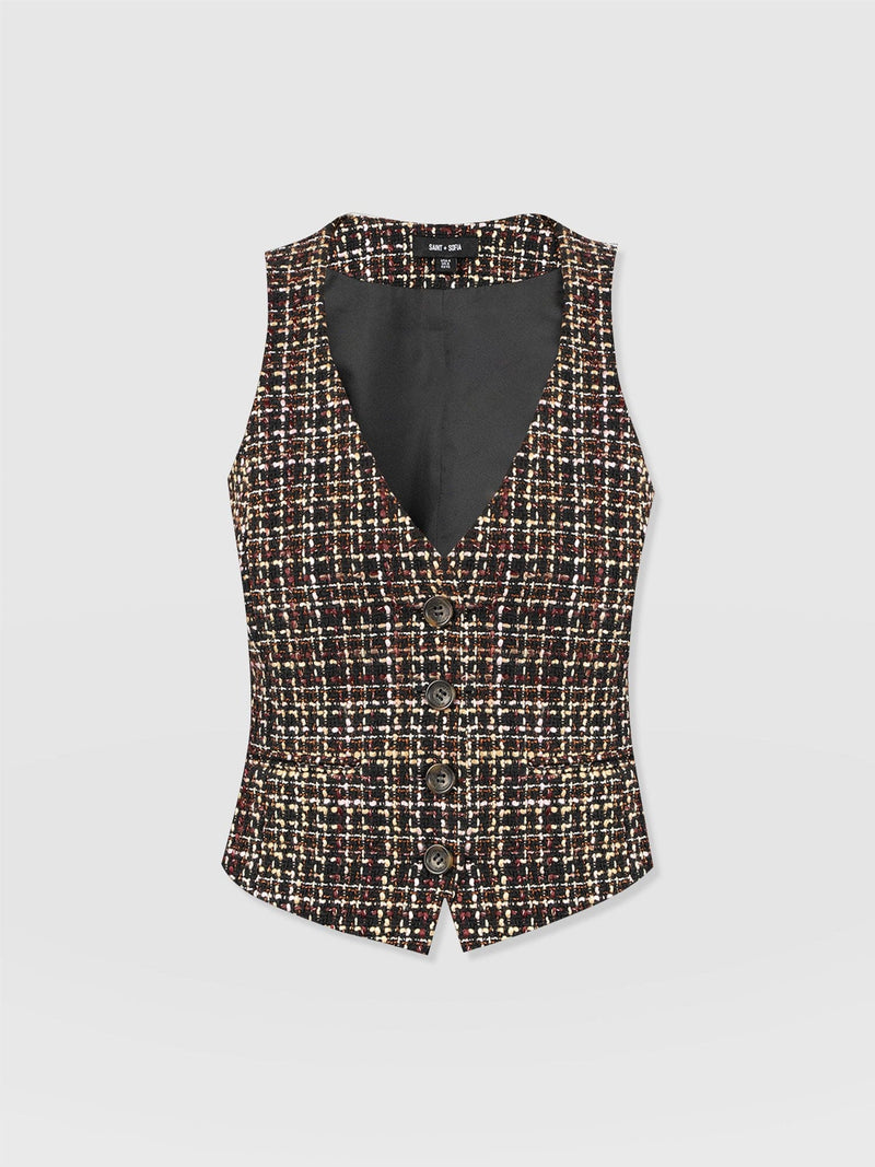 Astrid Waistcoat - Black/Burgundy/Gold Boucle - Women's Jackets | Saint + Sofia® UK