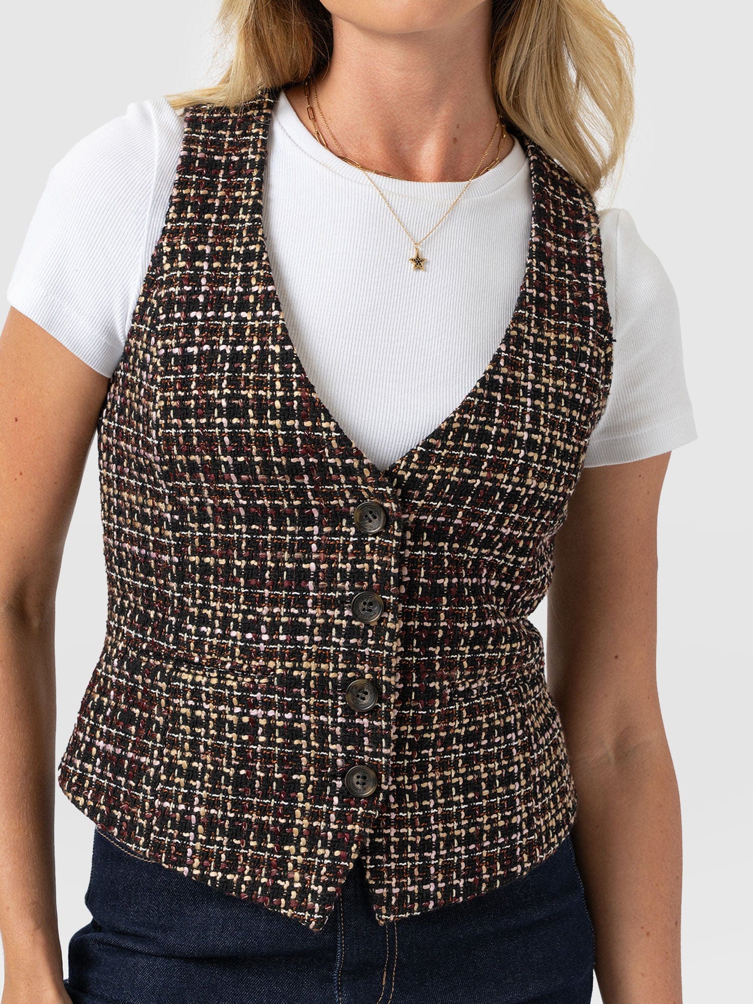 Astrid Waistcoat - Black/Burgundy/Gold Boucle - Women's Jackets | Saint + Sofia® UK