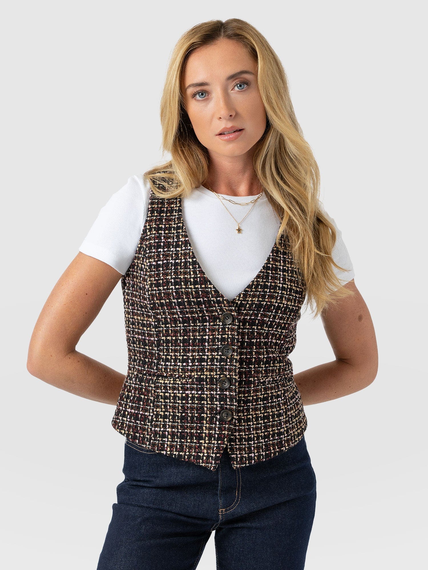 Astrid Waistcoat - Black/Burgundy/Gold Boucle - Women's Jackets | Saint + Sofia® UK