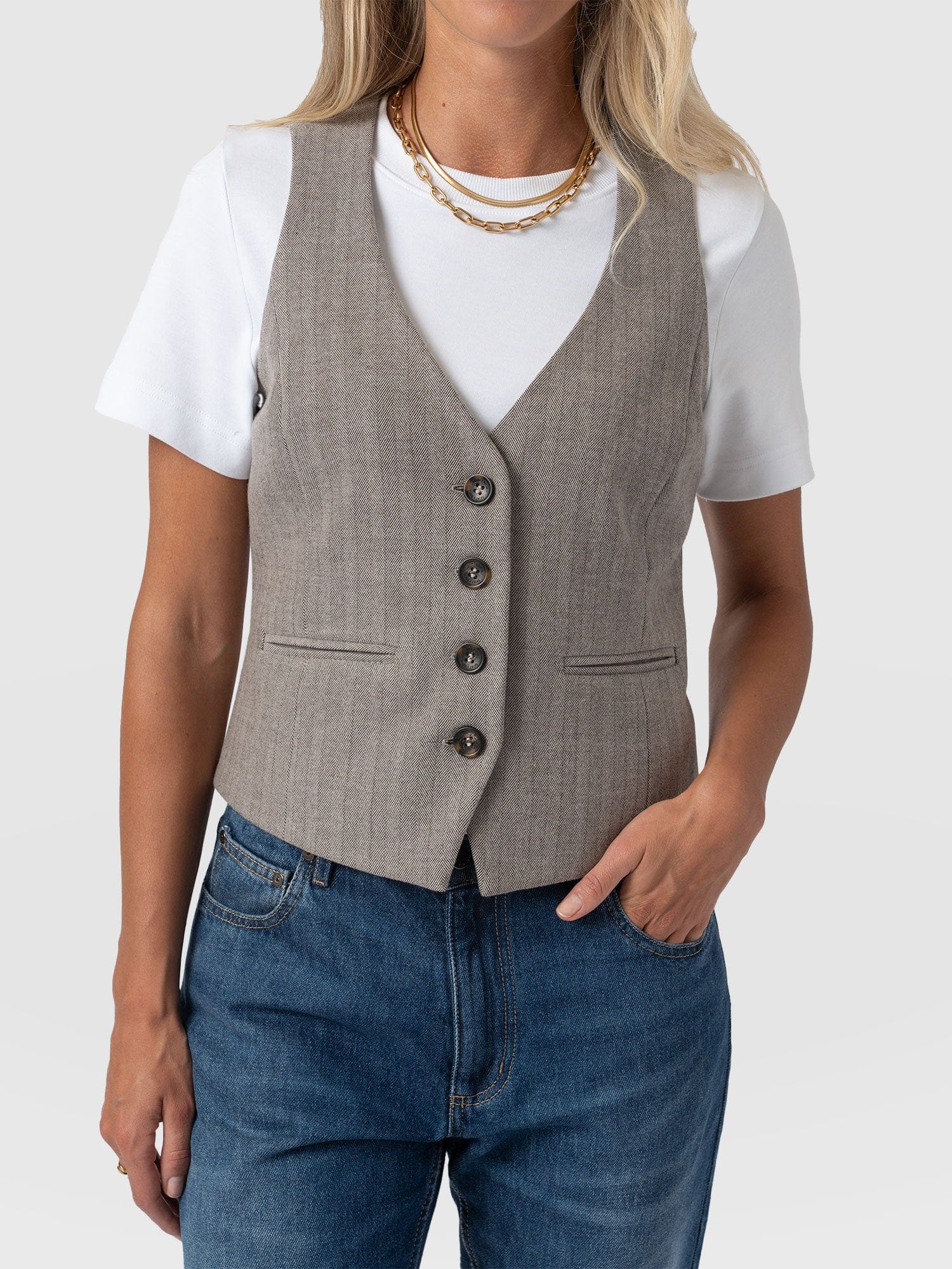Astrid Waistcoat Brown Herringbone - Women's Blazers | Saint + Sofia® UK
