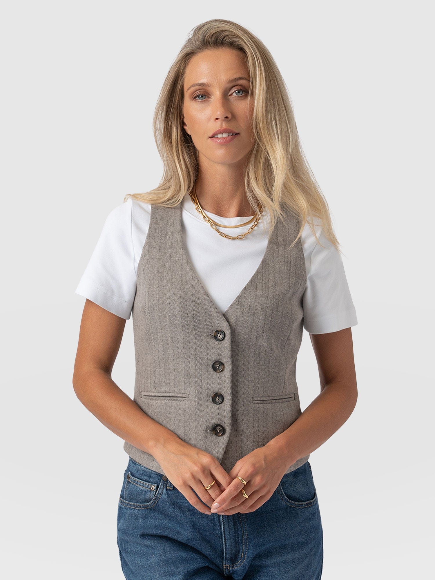 Astrid Waistcoat Brown Herringbone - Women's Blazers | Saint + Sofia® UK