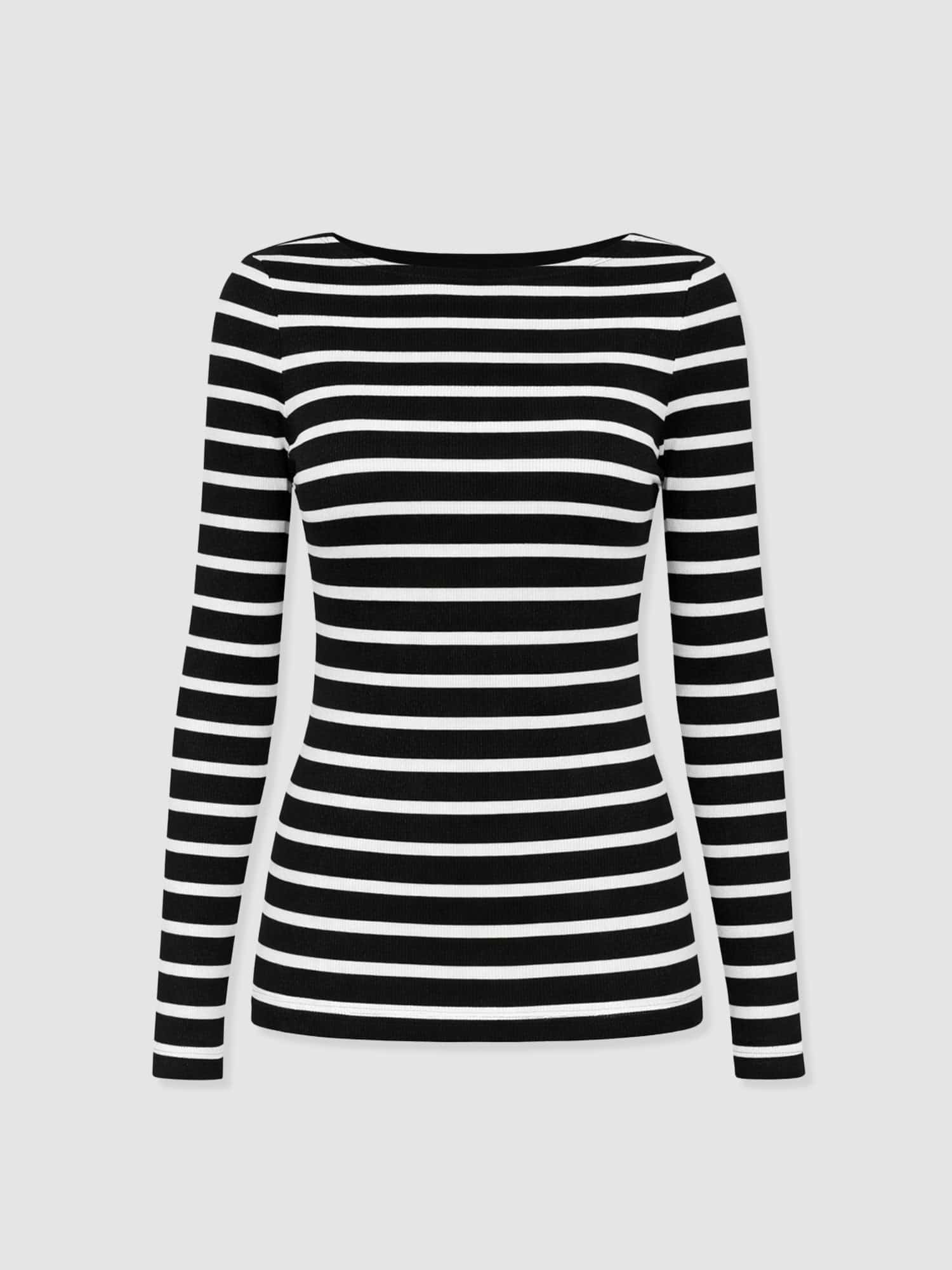 Austen Boat Neck Long Sleeve Tee - Black & White Stripe