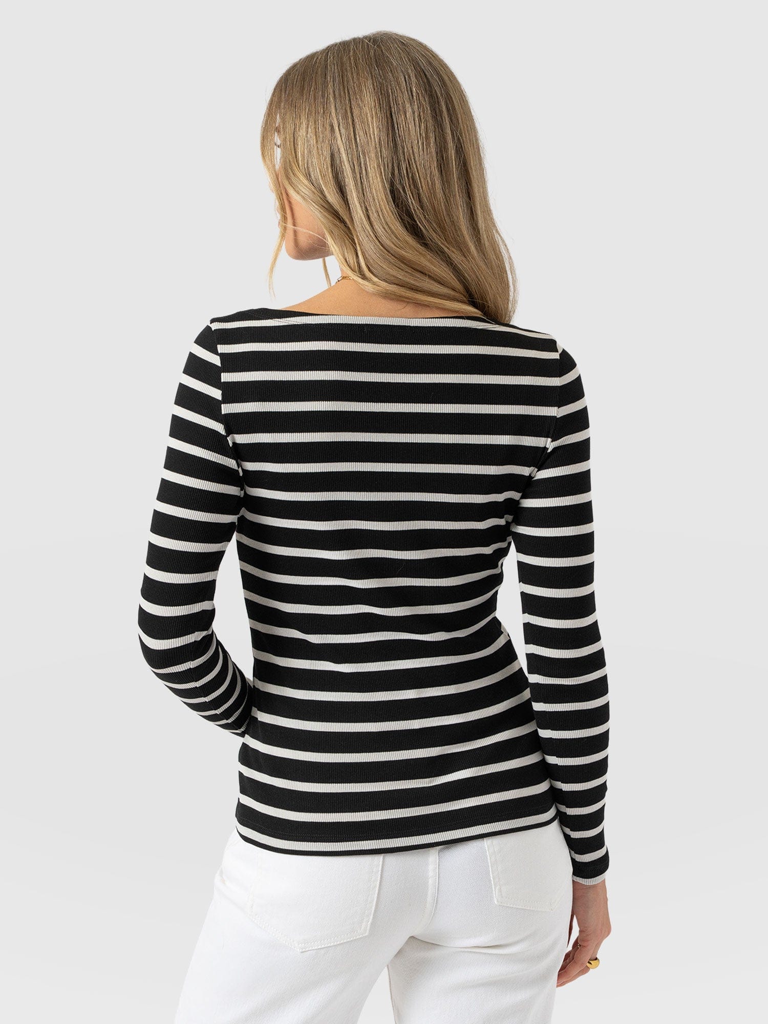 Austen Boat Neck Long Sleeve Tee - Black & White Stripe