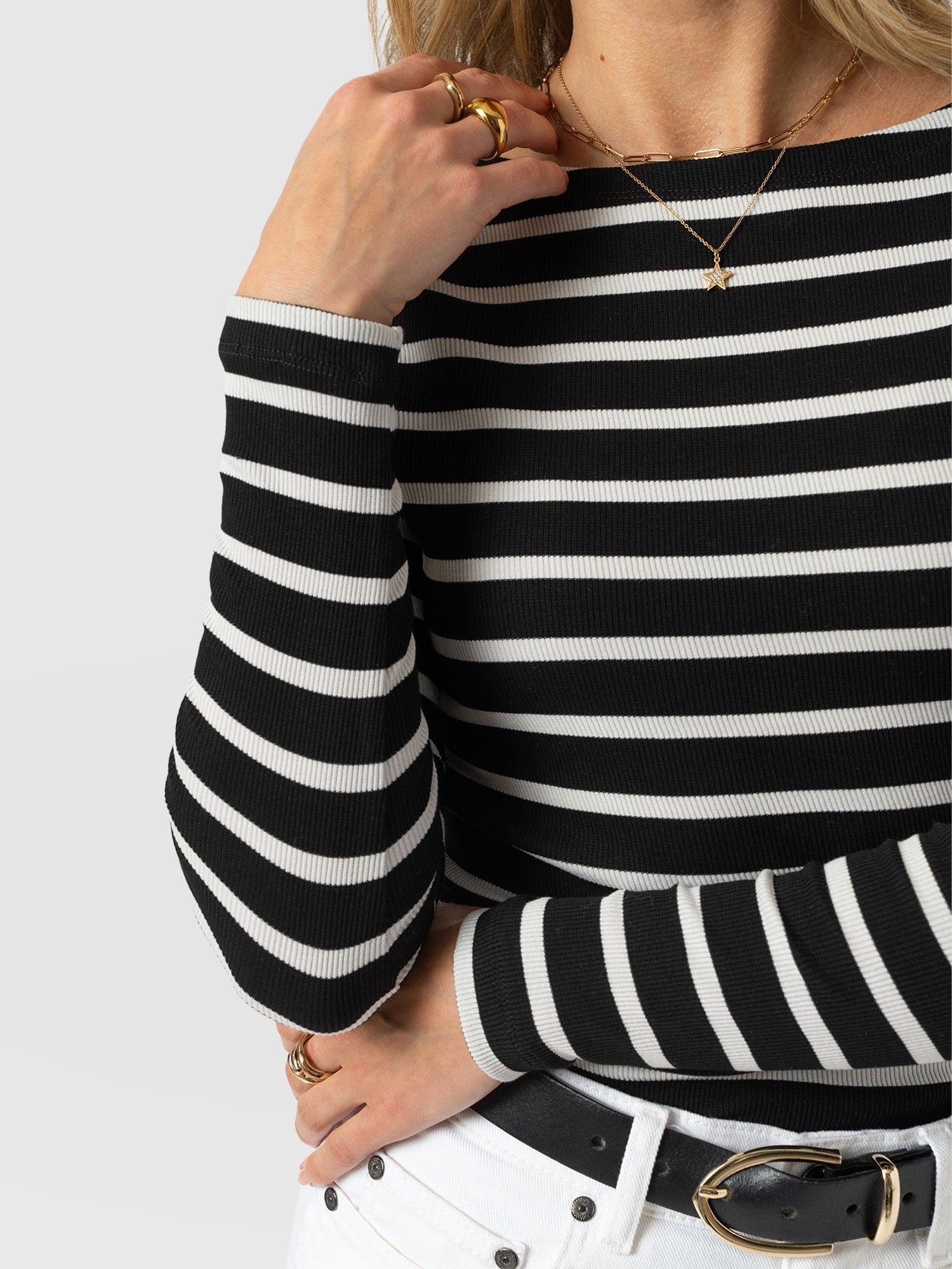 Austen Boat Neck Long Sleeve Tee - Black & White Stripe