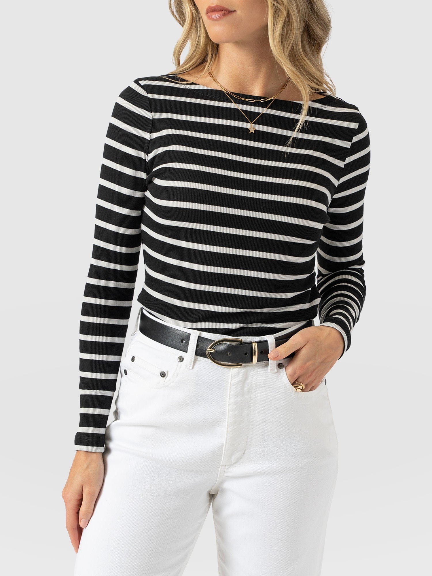 Austen Boat Neck Long Sleeve Tee - Black & White Stripe