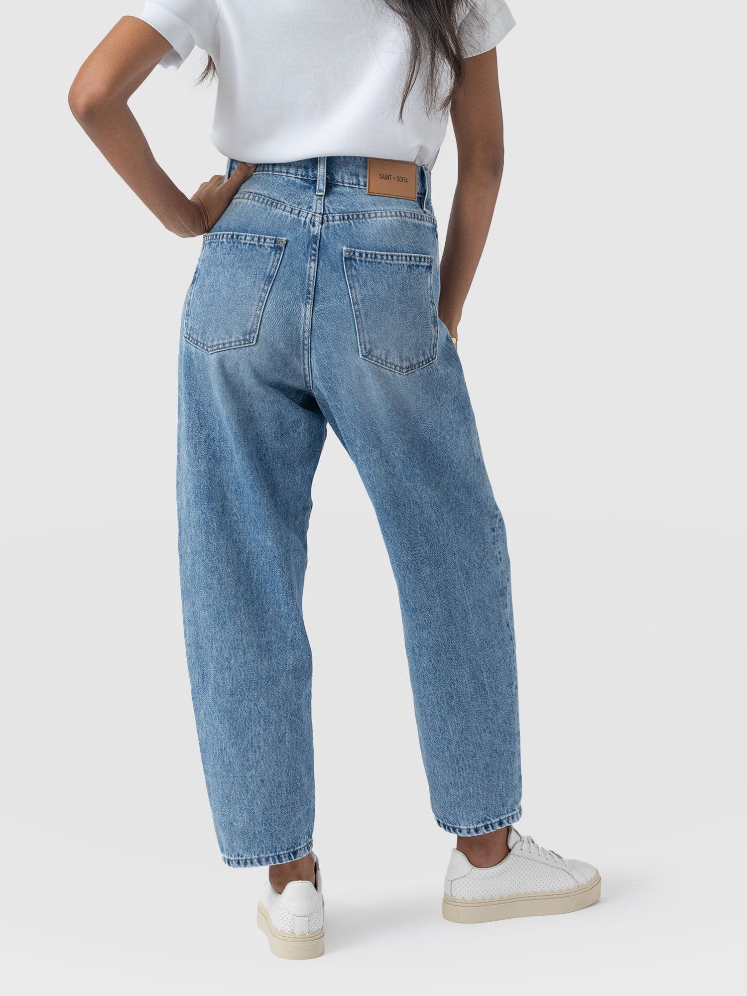 Barrel Leg Jean - Mid Blue - Women's Denims | Saint + Sofia® UK