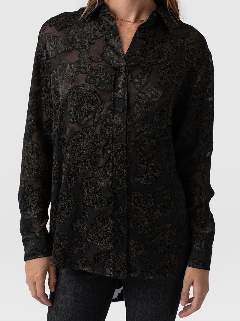 Boyfriend Shirt - Black & Gold Floral Burnout