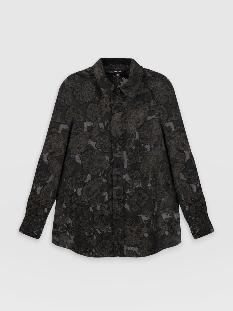 Boyfriend Shirt - Black & Gold Floral Burnout