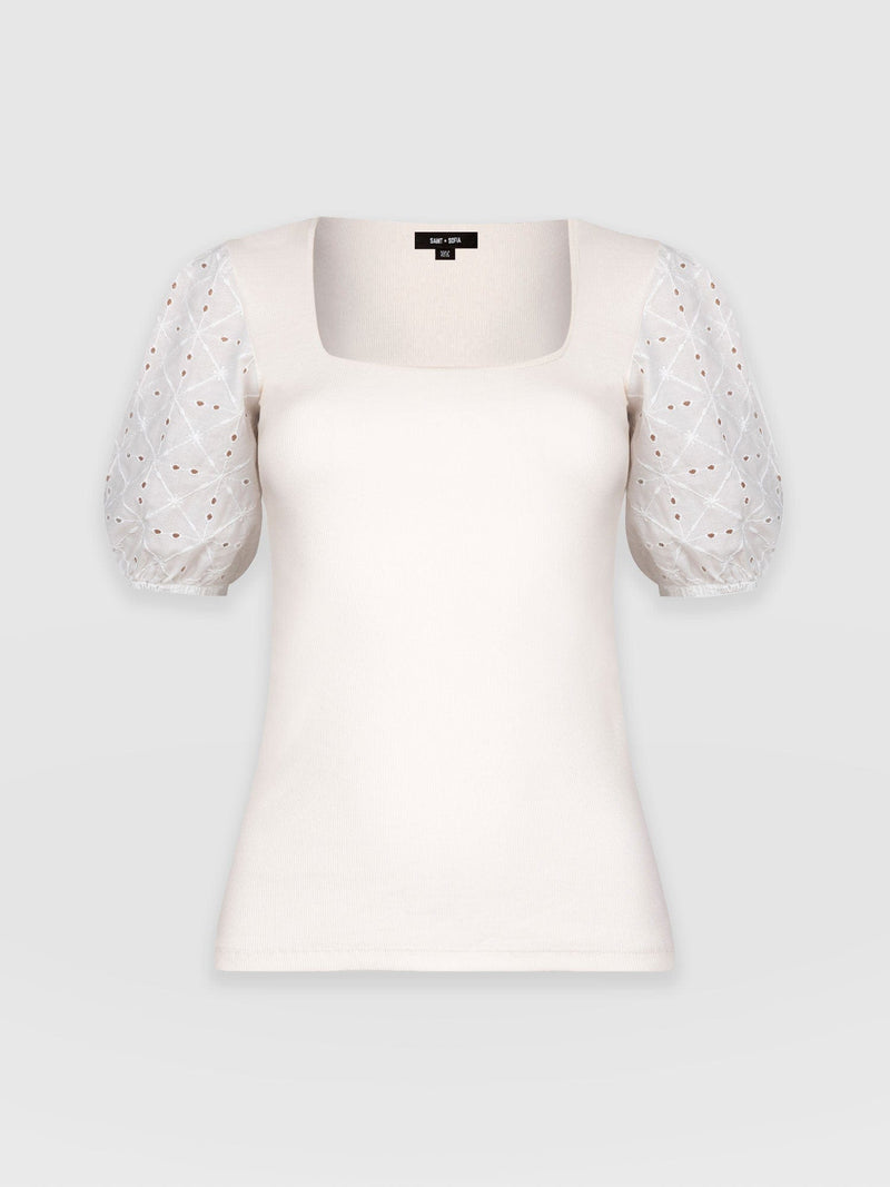 Cavendish Square Neck Tee - Cream Broderie