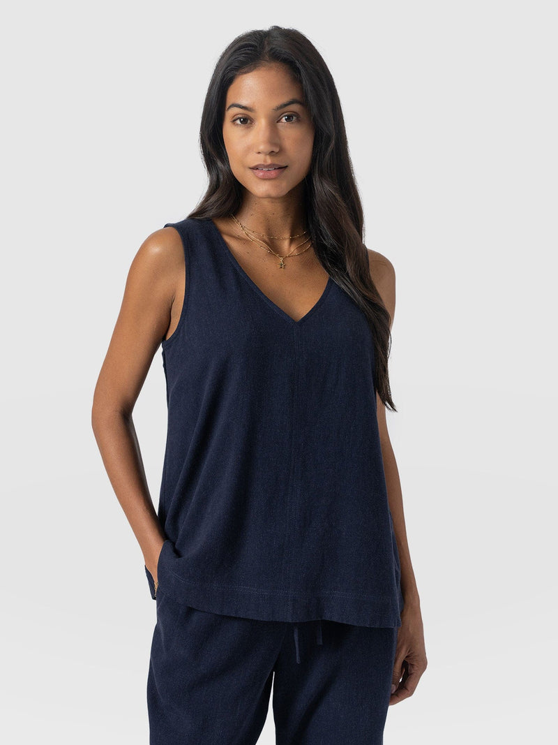 Corinne Linen V Neck Tunic - Navy