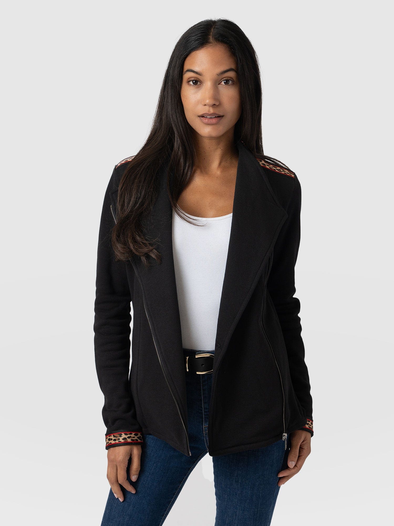 Cotton Biker Jacket Black Leopard - Women's Jackets | Saint + Sofia® UK