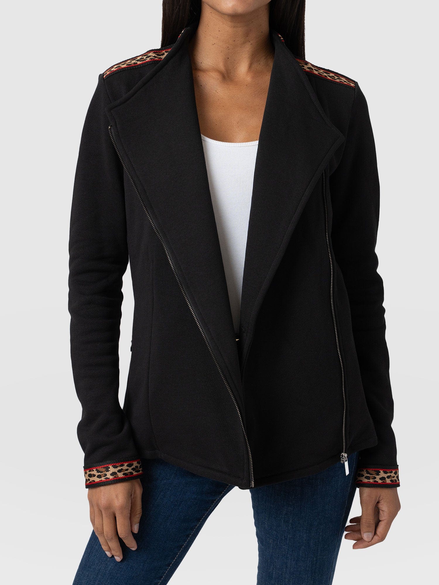 Cotton Biker Jacket Black Leopard - Women's Jackets | Saint + Sofia® UK