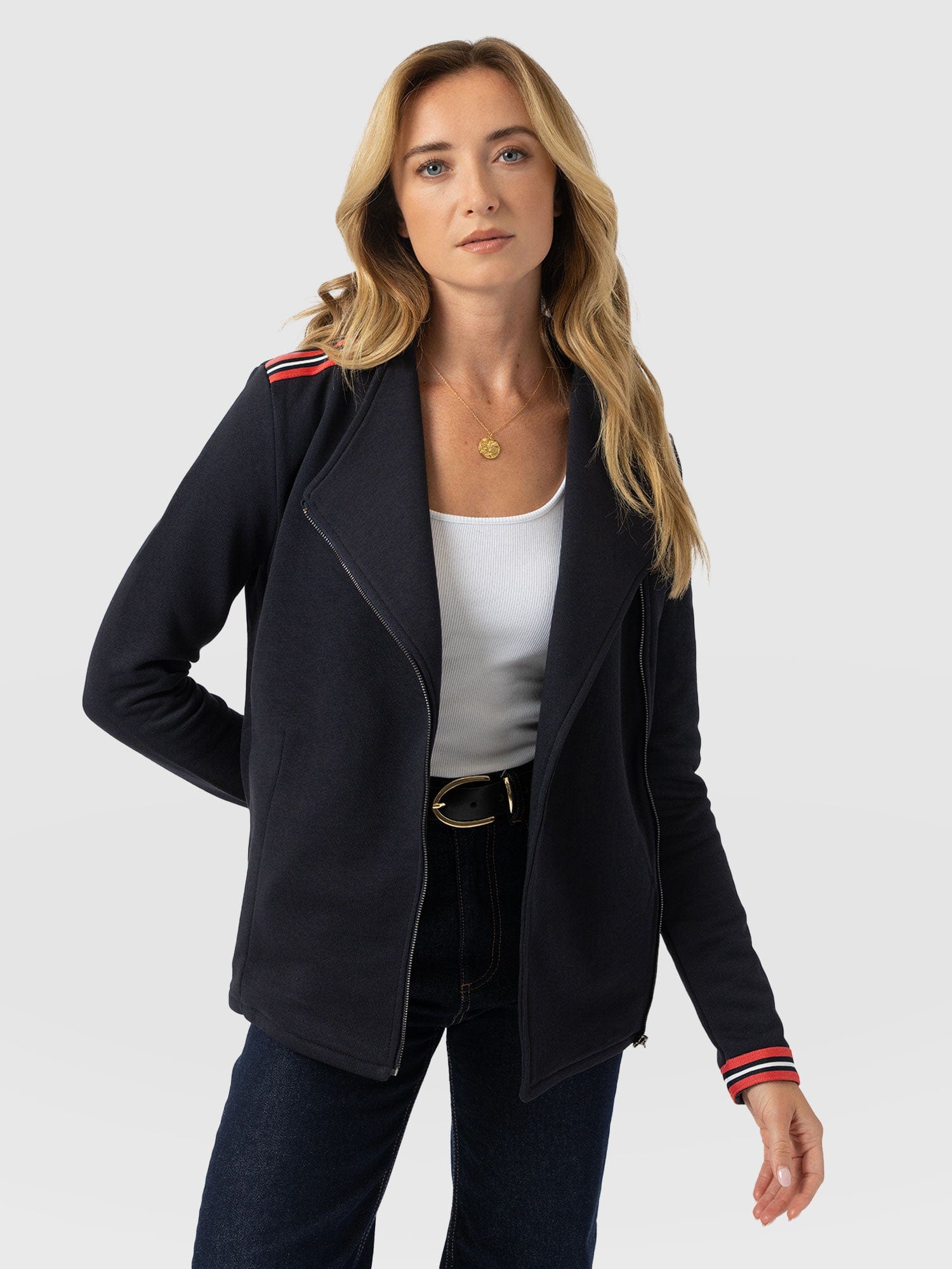 Cotton Biker Jacket Navy Stripe - Women's Jackets | Saint + Sofia® UK