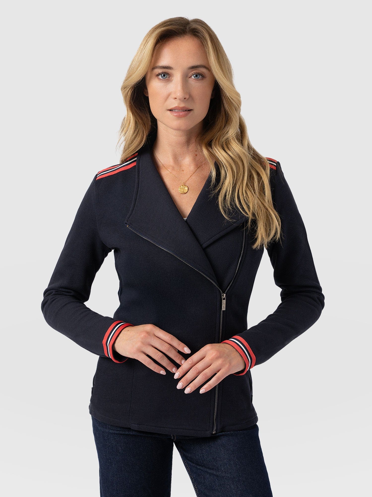Cotton Biker Jacket Navy Stripe - Women's Jackets | Saint + Sofia® UK