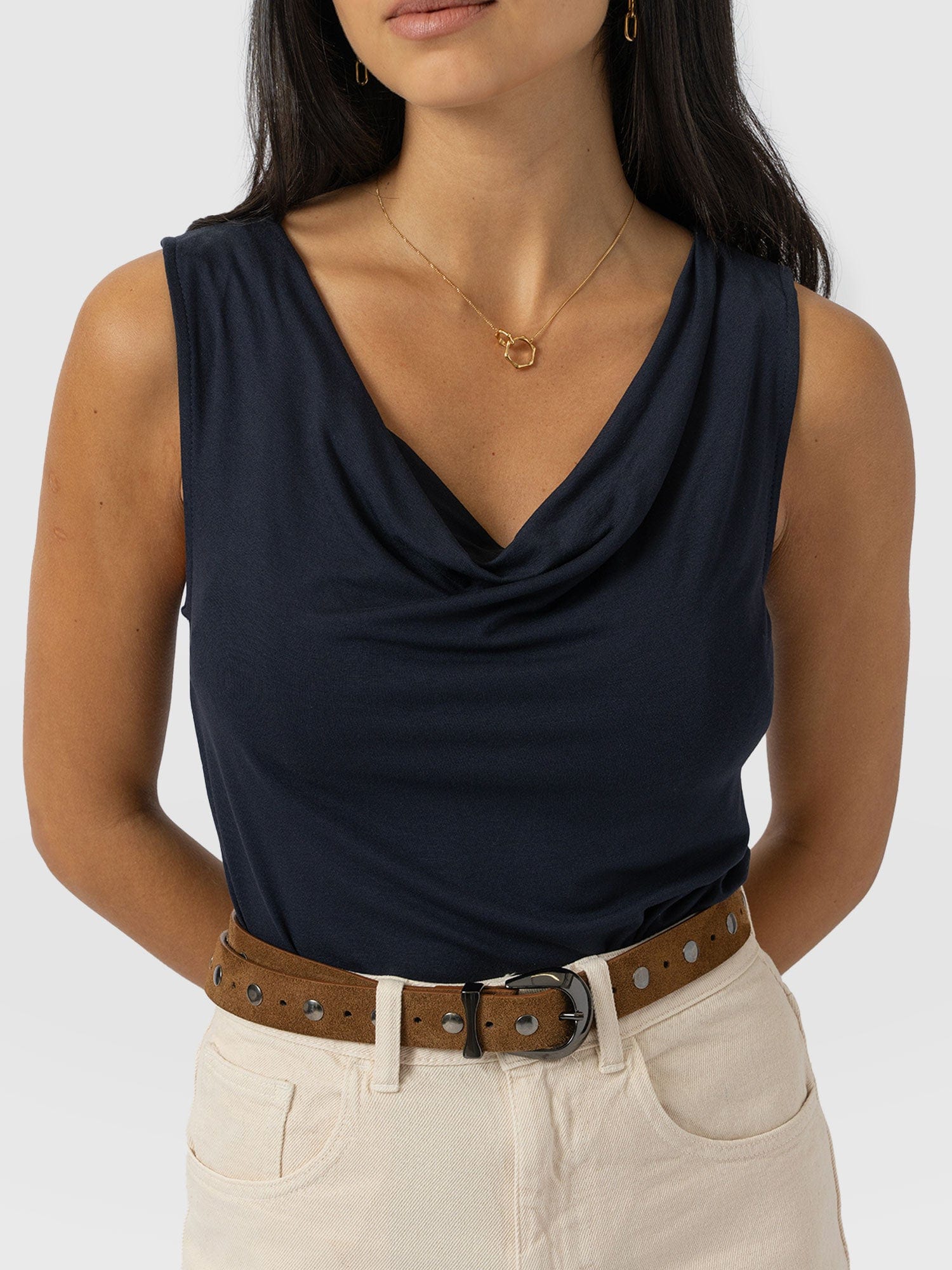 Cowl Neck Cami Navy - Women's T-Shirts | Saint + Sofia® UK