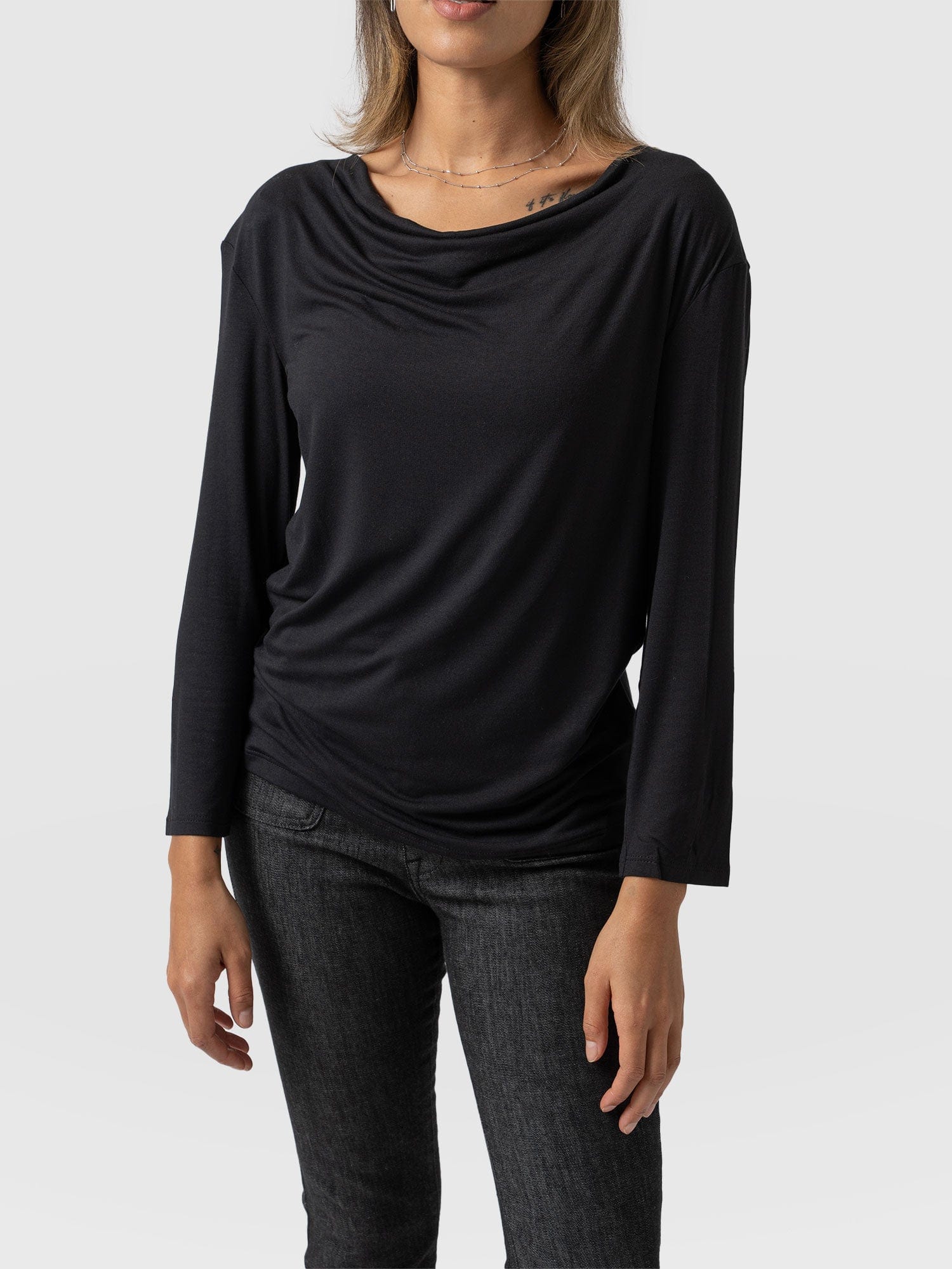Cowl Neck Tee Black Long Sleeve - Women's T-Shirts | Saint + Sofia® UK