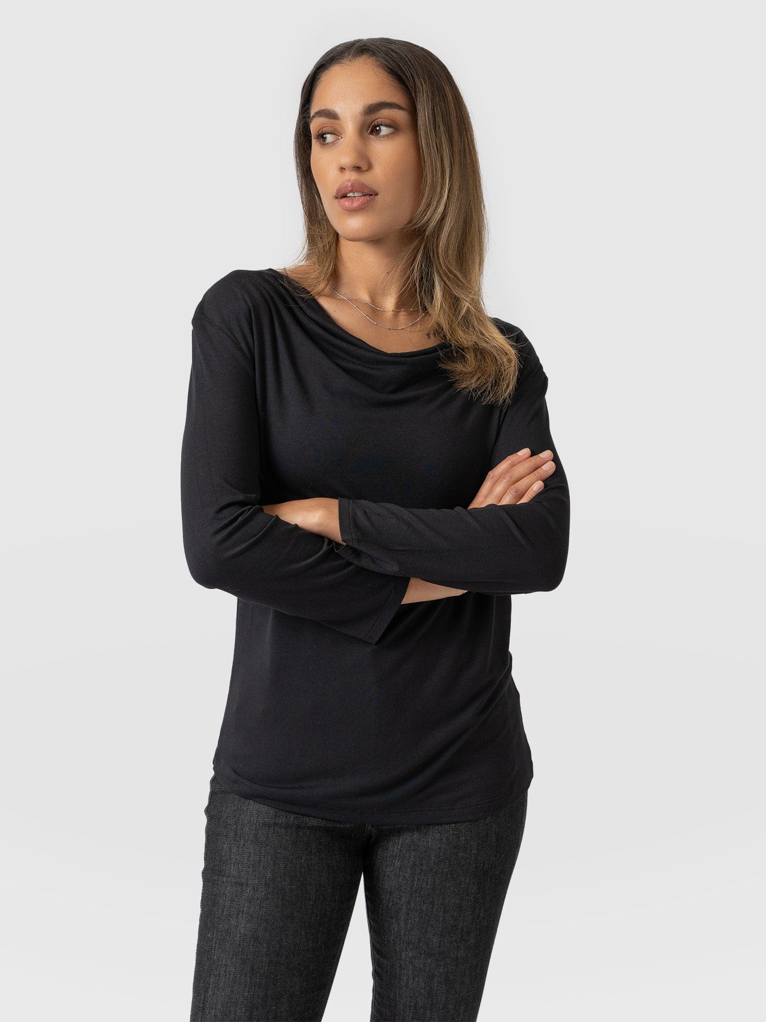 Cowl Neck Tee Black Long Sleeve - Women's T-Shirts | Saint + Sofia® UK