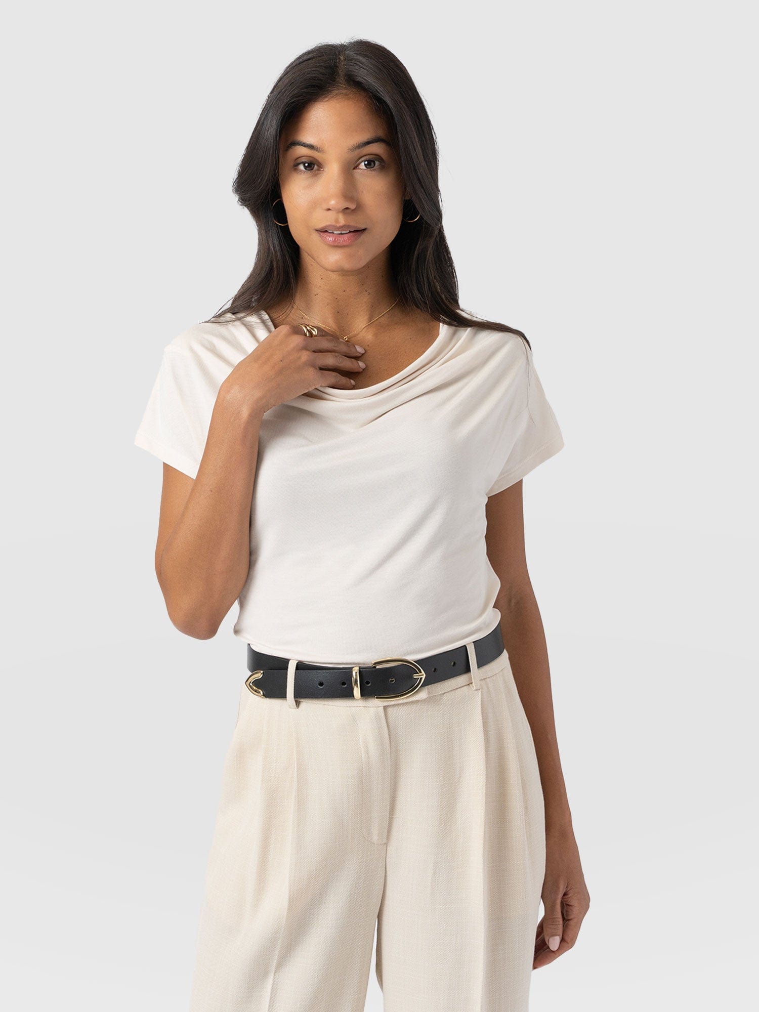 Cowl Neck Tee Cream - Women's T-Shirts | Saint + Sofia® UK