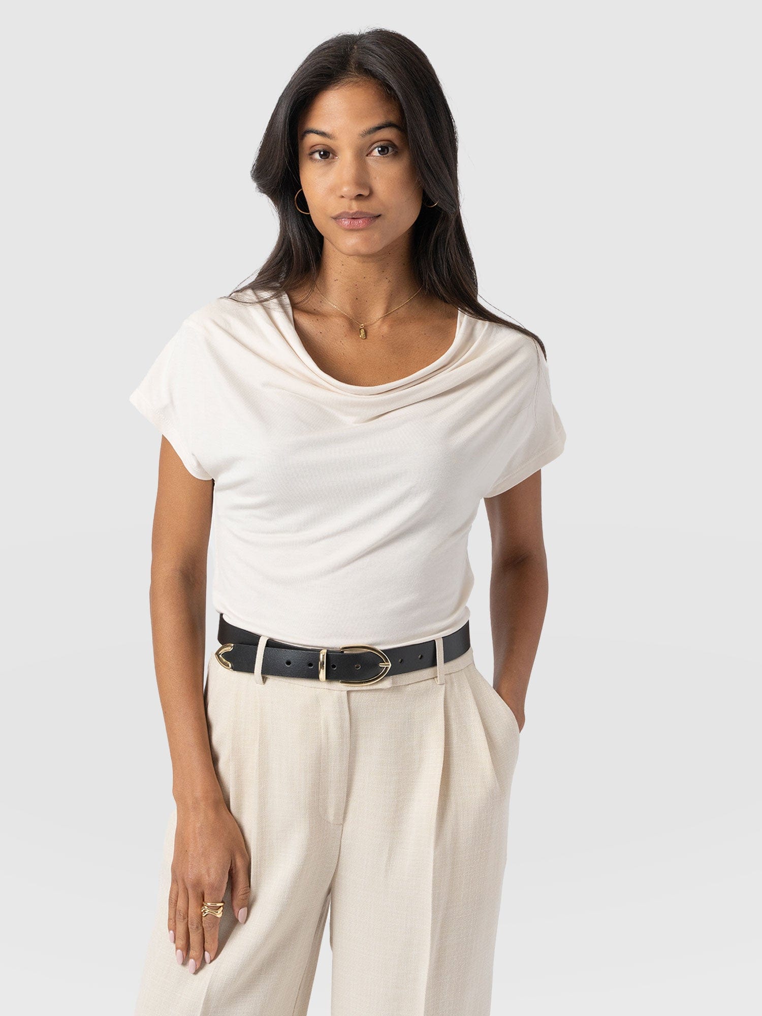 Cowl Neck Tee Cream - Women's T-Shirts | Saint + Sofia® UK
