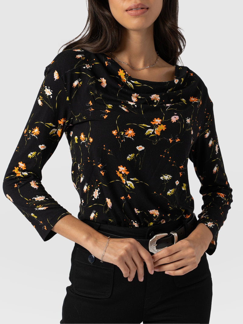 Cowl Neck Tee Long Sleeve - Black Floral