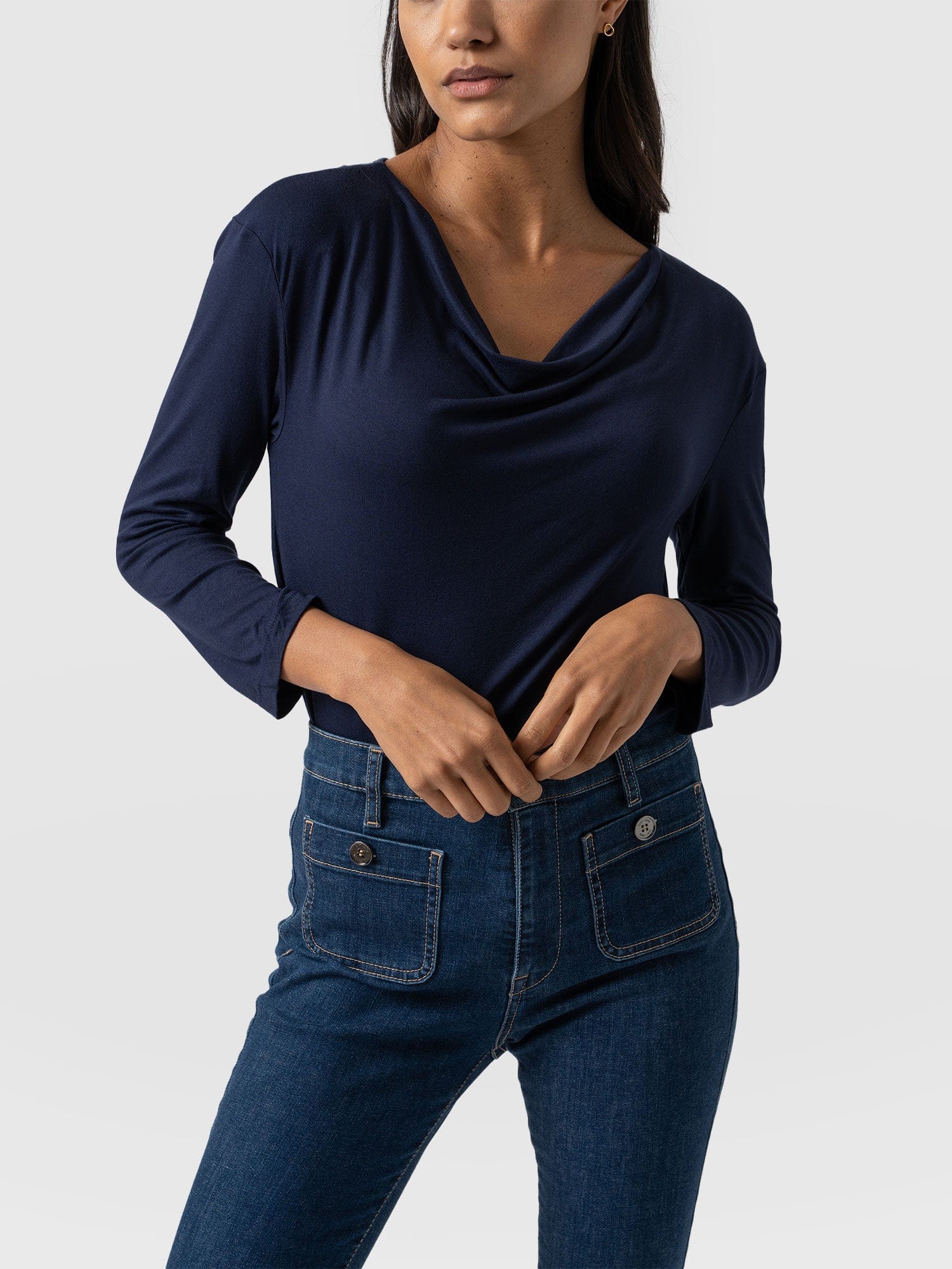 Cowl Neck Tee Navy Sleeves - Women's T-Shirts | Saint + Sofia® UK