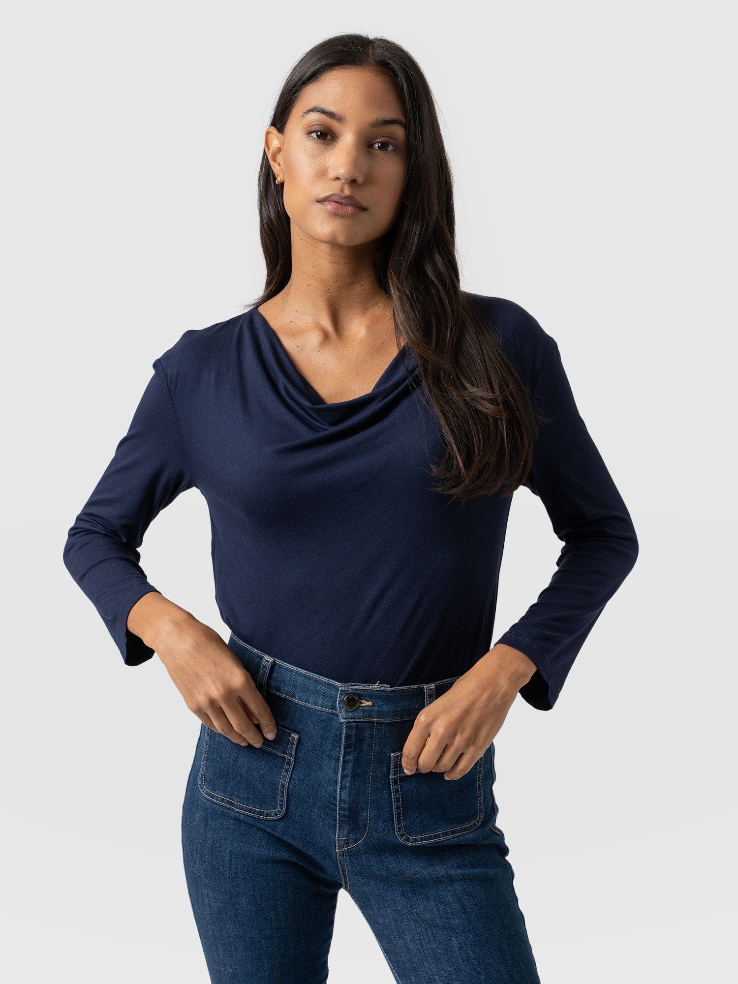 Cowl Neck Tee Navy Sleeves - Women's T-Shirts | Saint + Sofia® UK