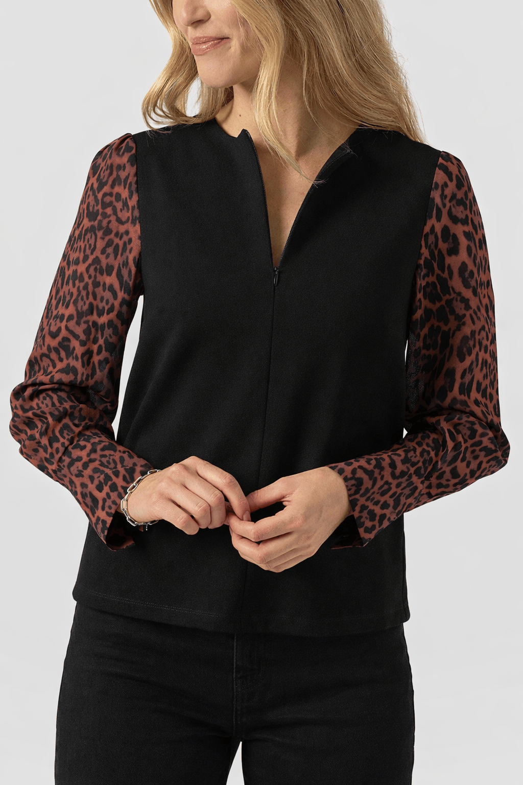 Ella Zip Up Top - Brown Leopard