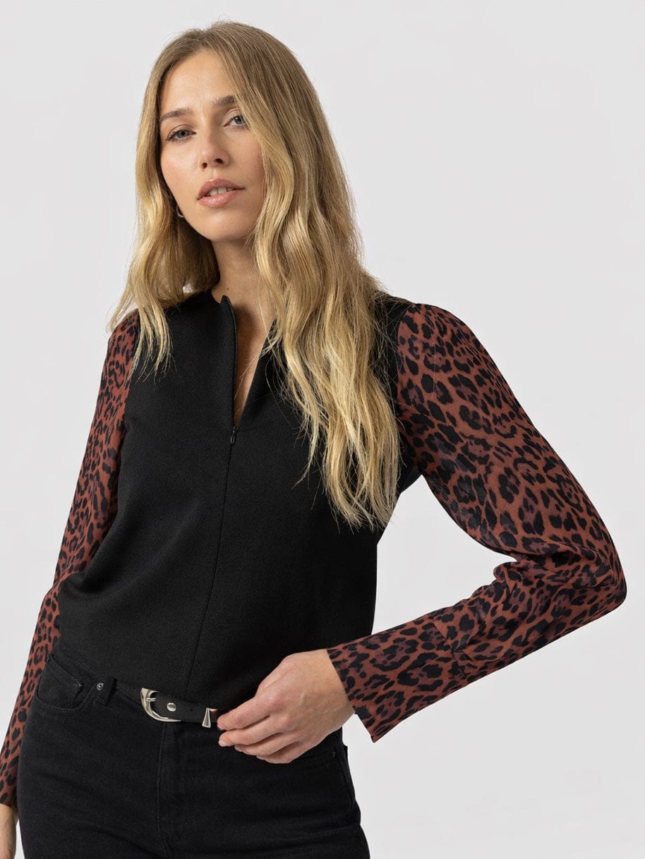Ella Zip Up Top - Brown Leopard