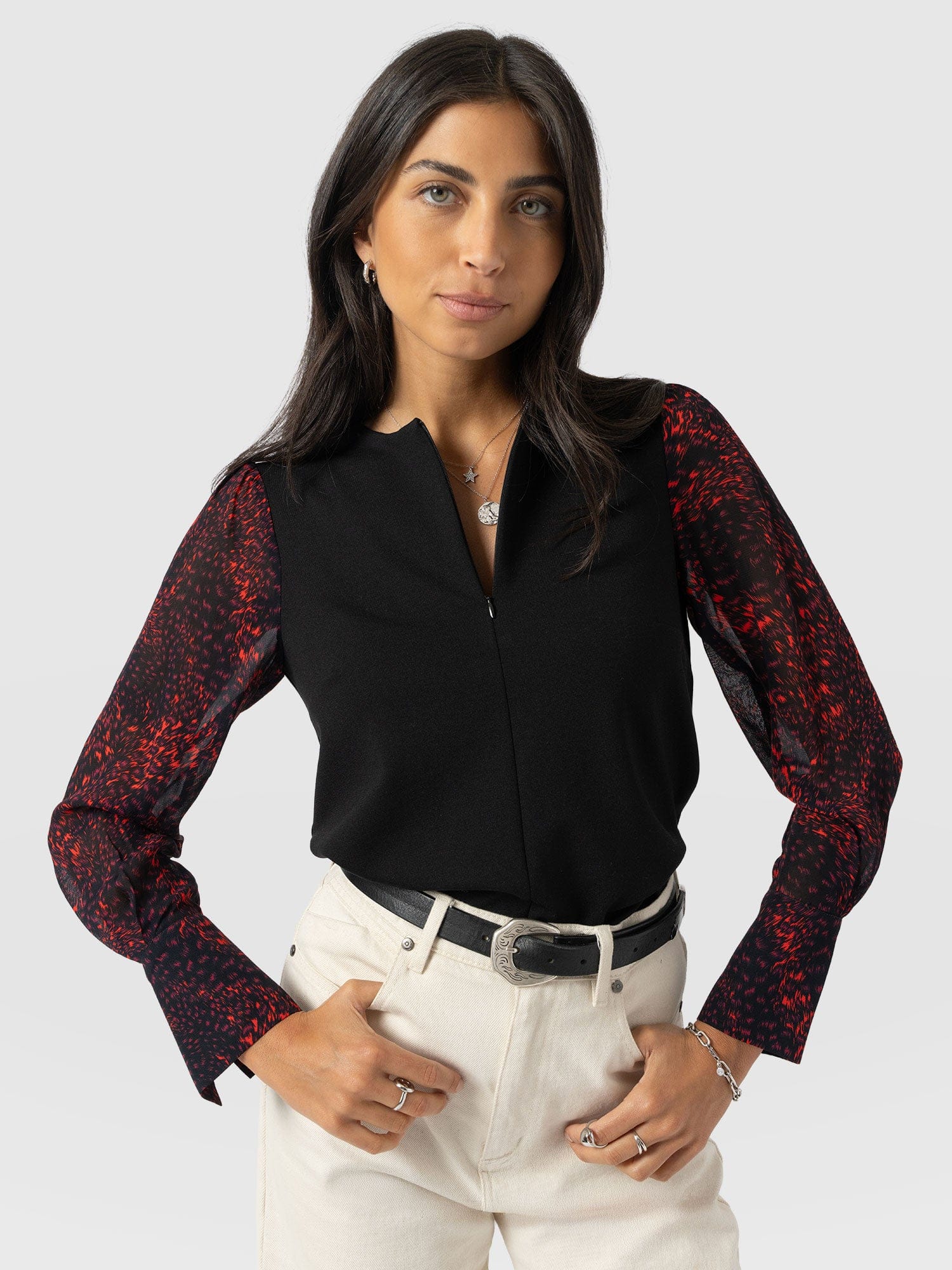 Ella Zip Up Top - Red Fade Spot