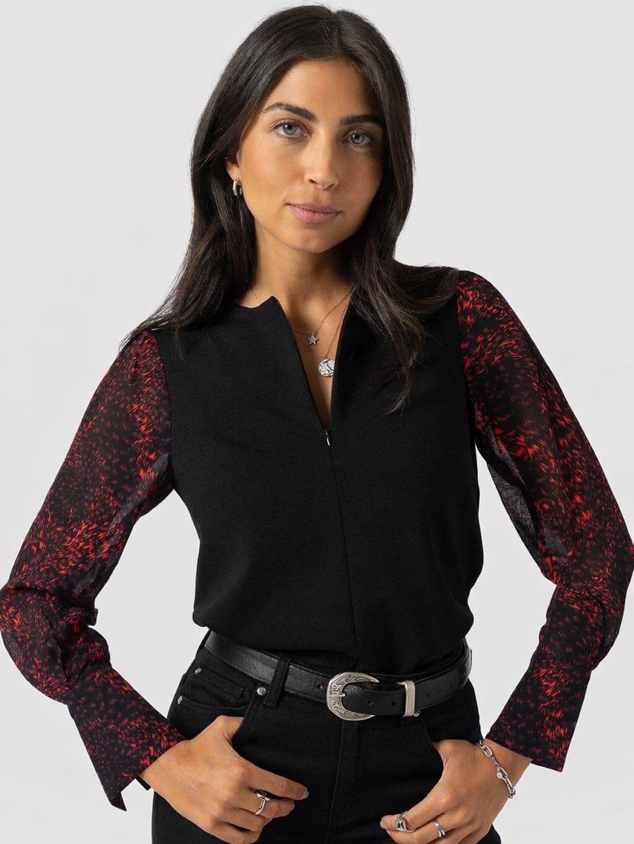 Ella Zip Up Top - Red Fade Spot