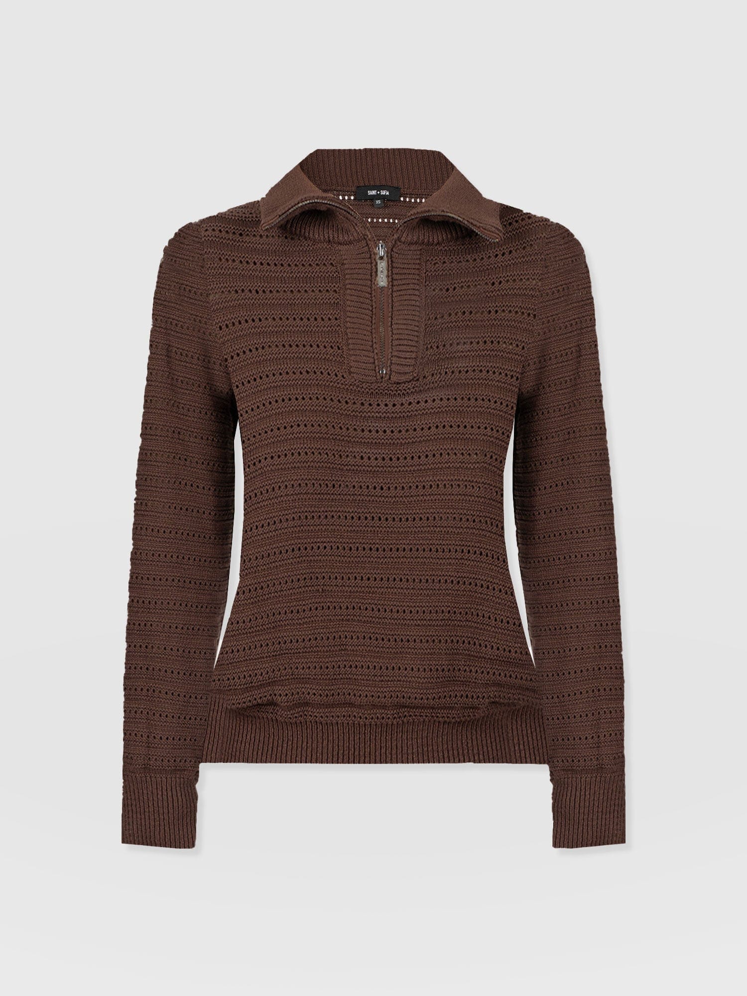 Ester Quarter Zip Knit - Chocolate - Women's Knitwears | Saint + Sofia® UK