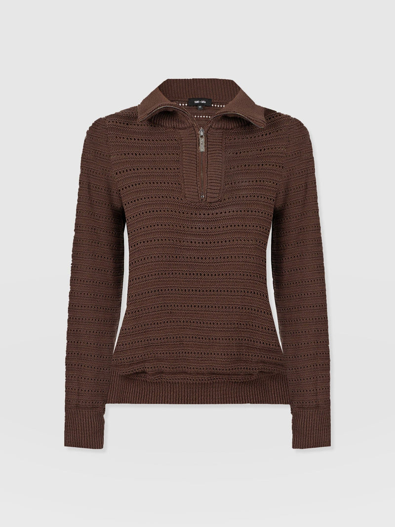 Ester Quarter Zip Knit - Chocolate - Women's Knitwears | Saint + Sofia® UK