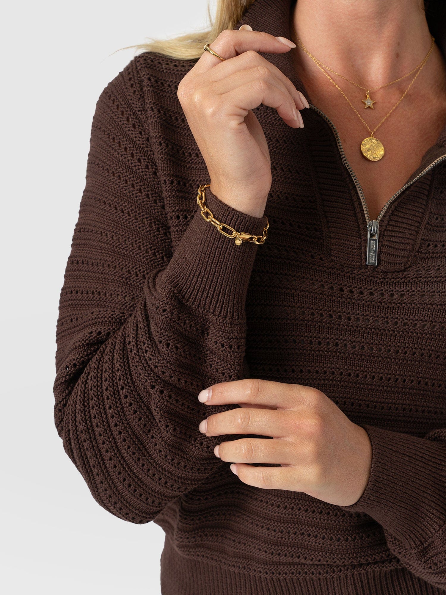 Ester Quarter Zip Knit - Chocolate - Women's Knitwears | Saint + Sofia® UK